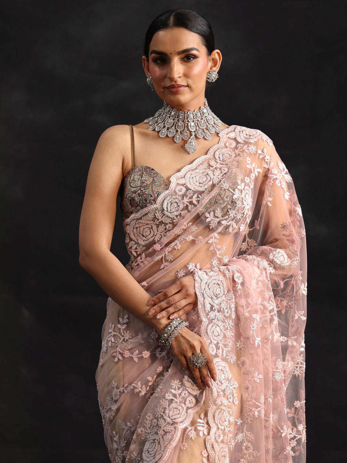 Anouk Art Baby Pink Sequin Embellished Floral Net Saree