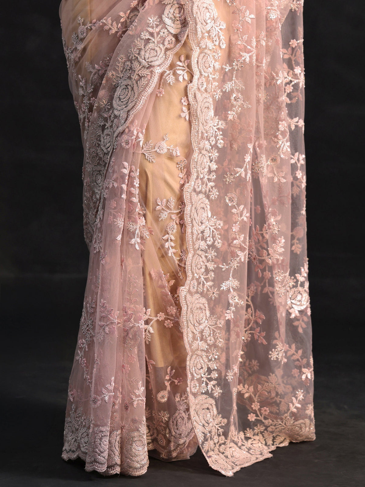 Anouk Art Baby Pink Sequin Embellished Floral Net Saree