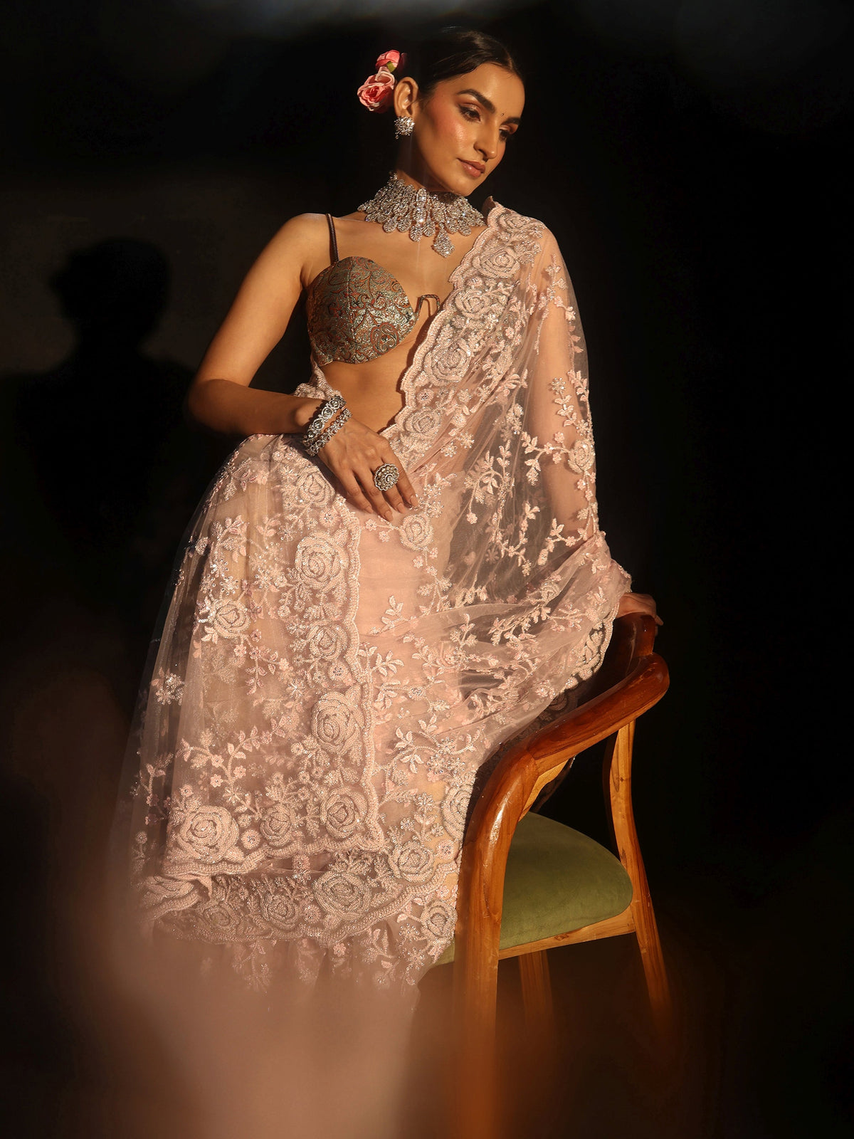 Anouk Art Baby Pink Sequin Embellished Floral Net Saree