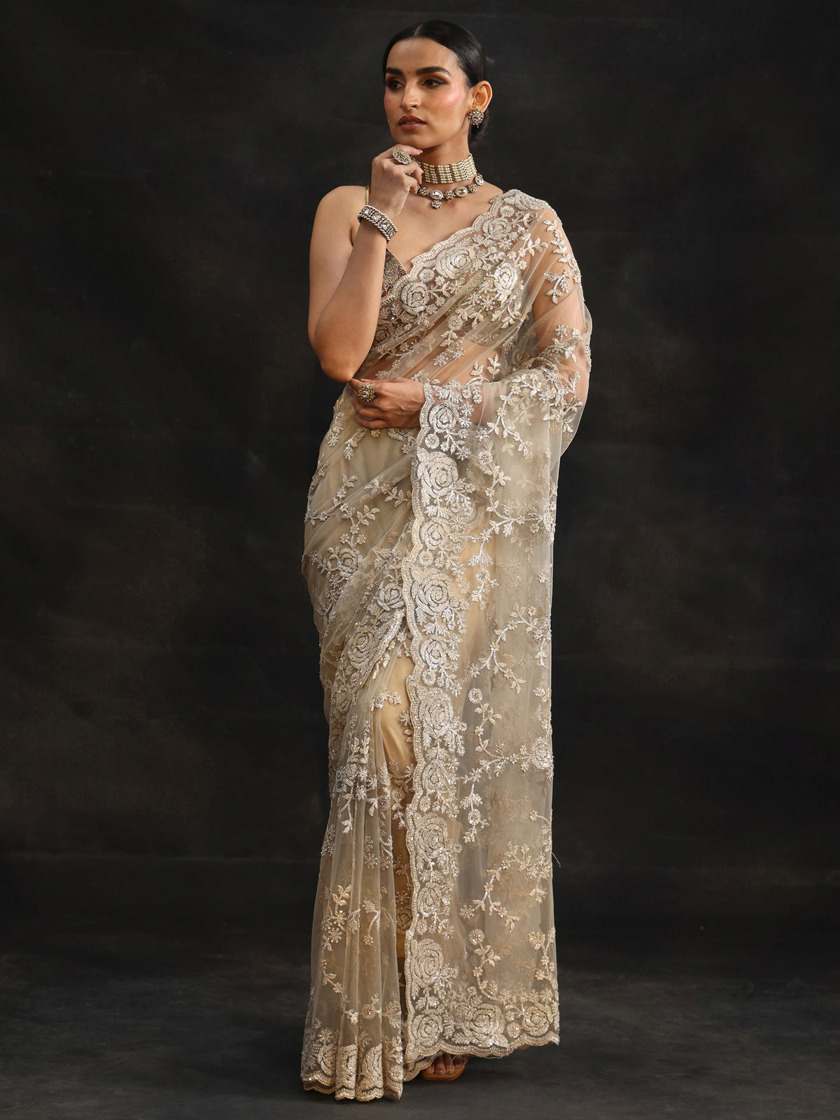 Anouk Art Taupe Grey Sequin Embellished Floral Net Saree