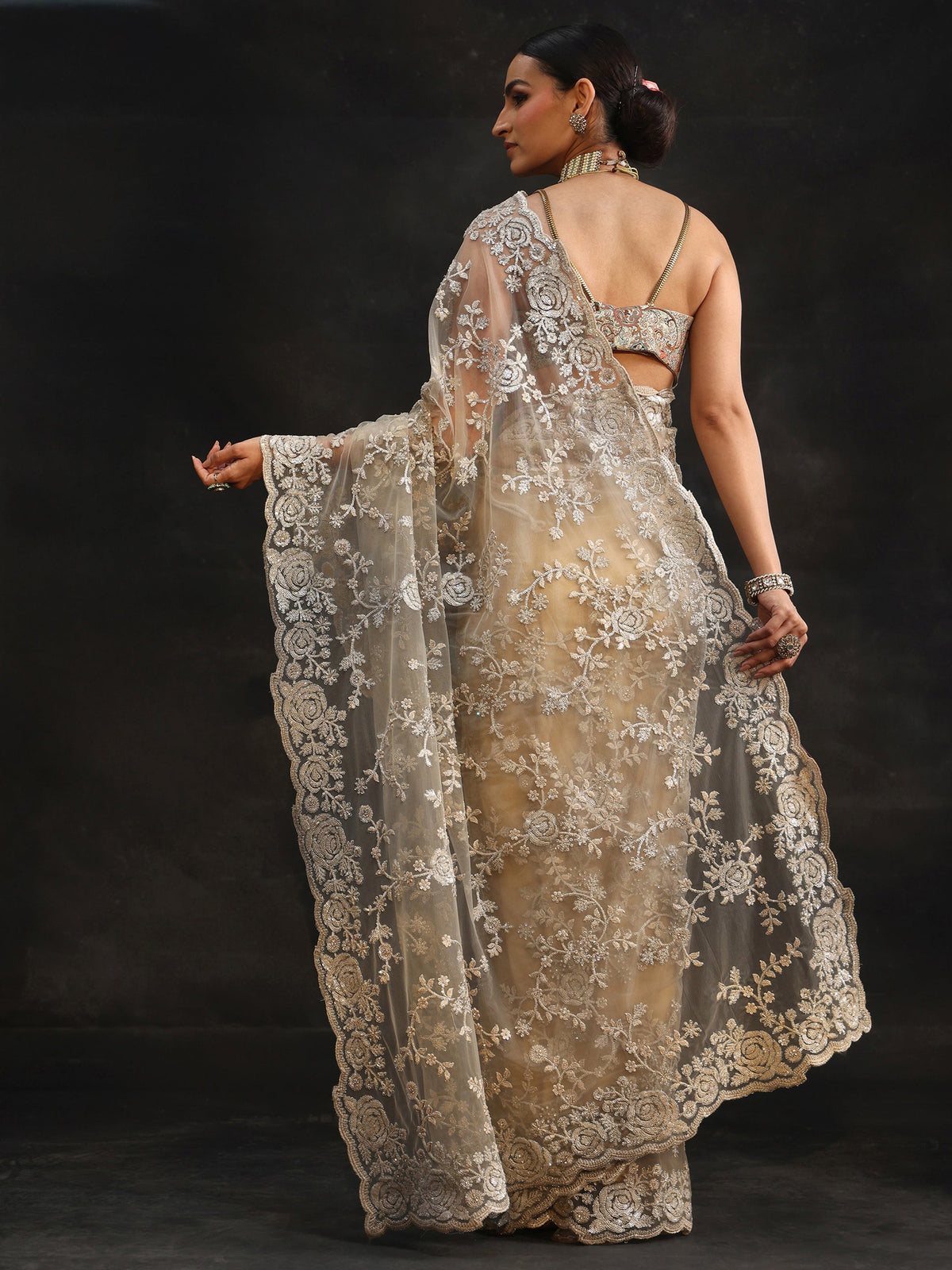 Anouk Art Taupe Grey Sequin Embellished Floral Net Saree