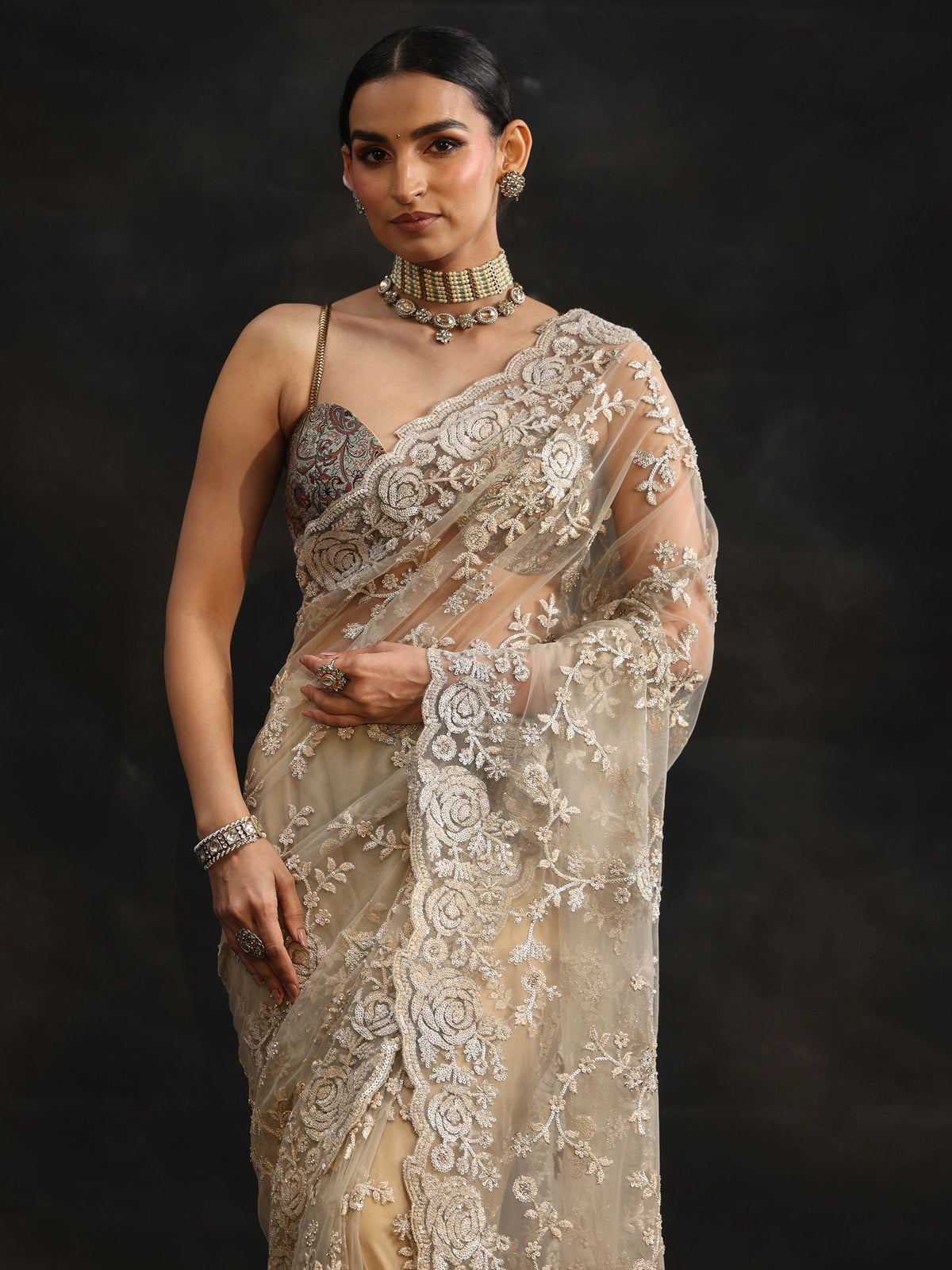 Anouk Art Taupe Grey Sequin Embellished Floral Net Saree