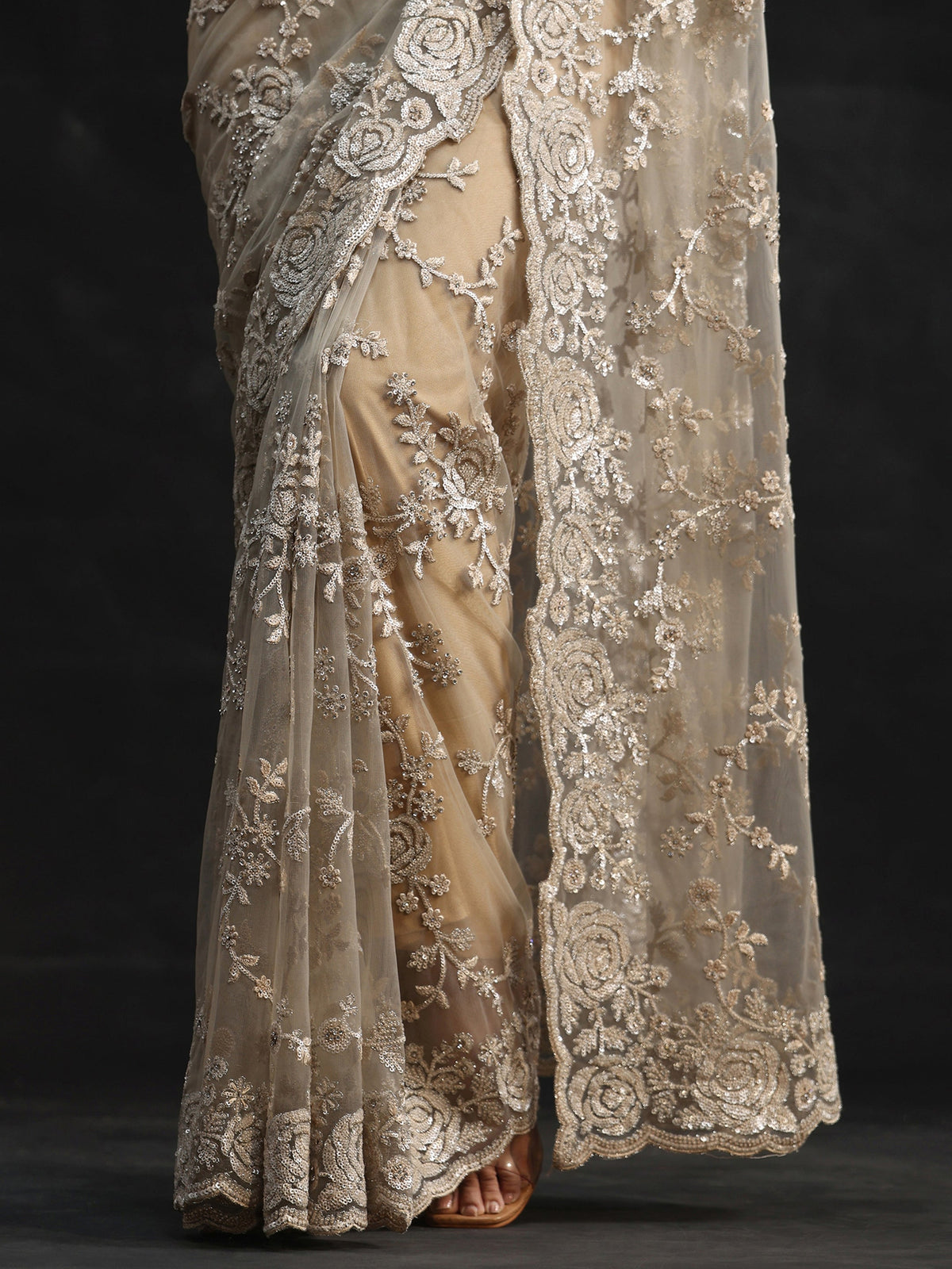 Anouk Art Taupe Grey Sequin Embellished Floral Net Saree