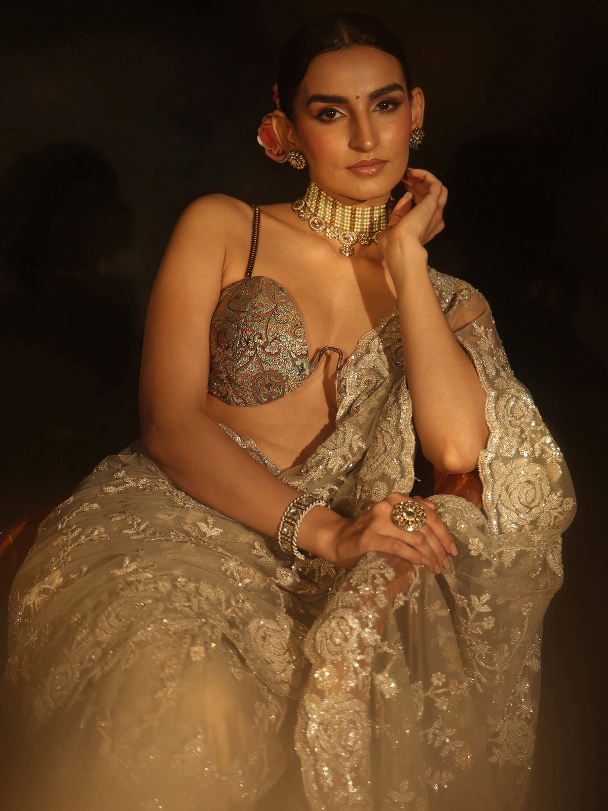 Anouk Art Taupe Grey Sequin Embellished Floral Net Saree