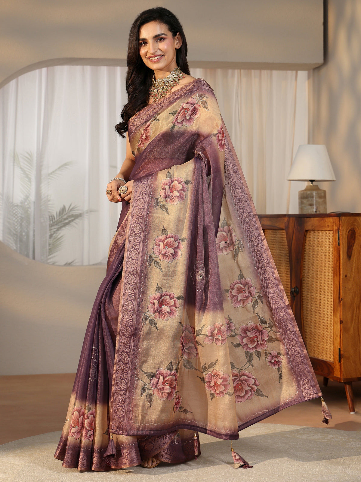 Anouk Purple Floral Printed Silk Blend Ombre Saree with Woven Border