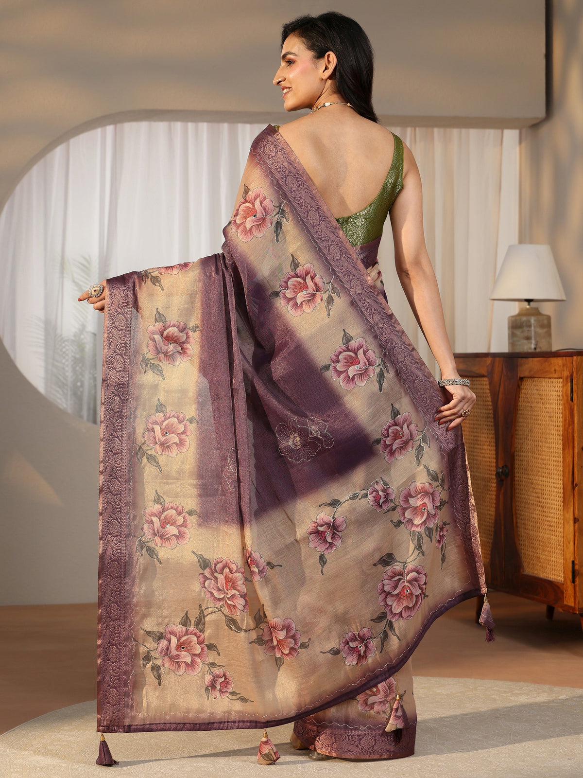 Anouk Purple Floral Printed Silk Blend Ombre Saree with Woven Border