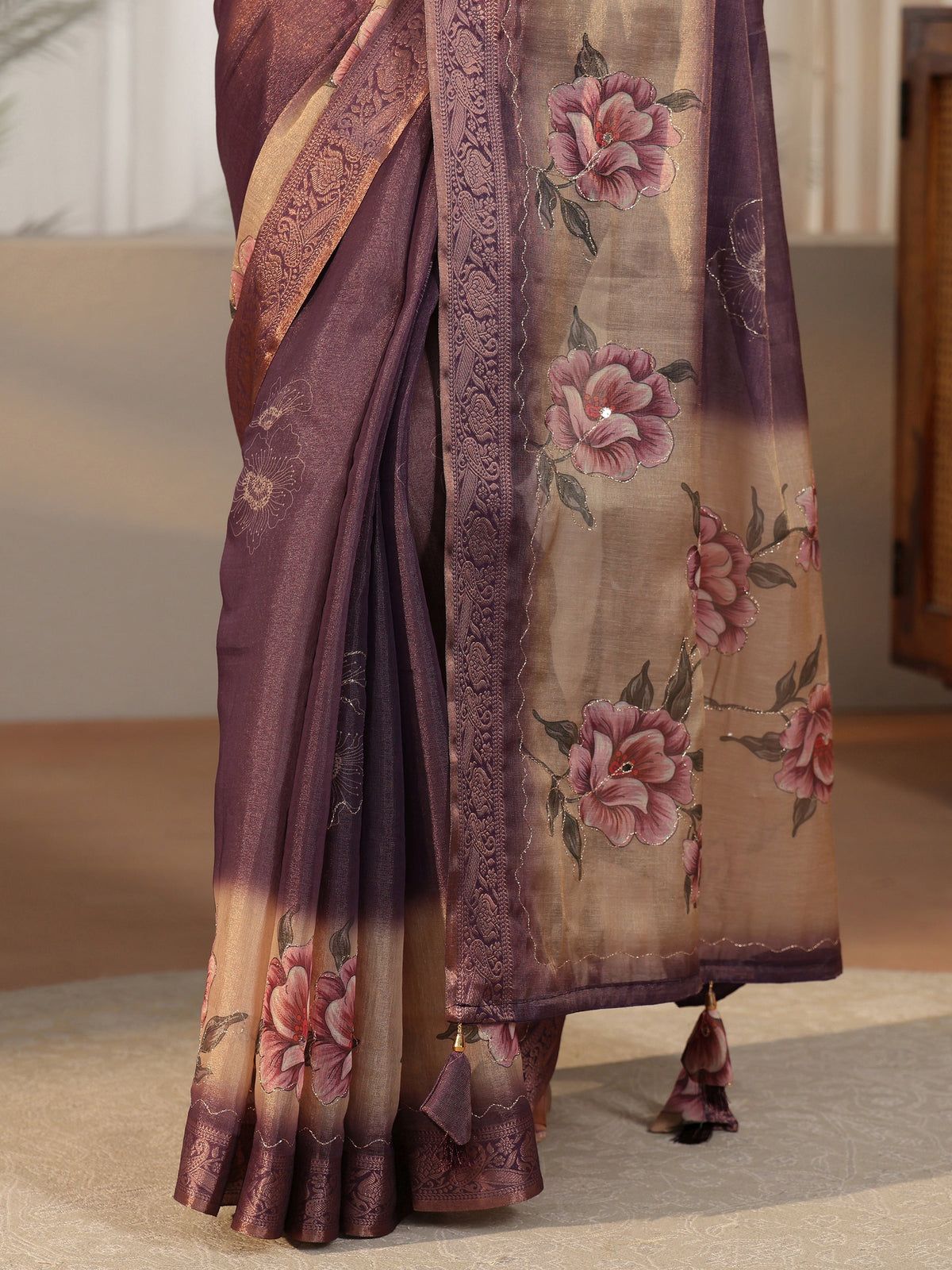 Anouk Purple Floral Printed Silk Blend Ombre Saree with Woven Border