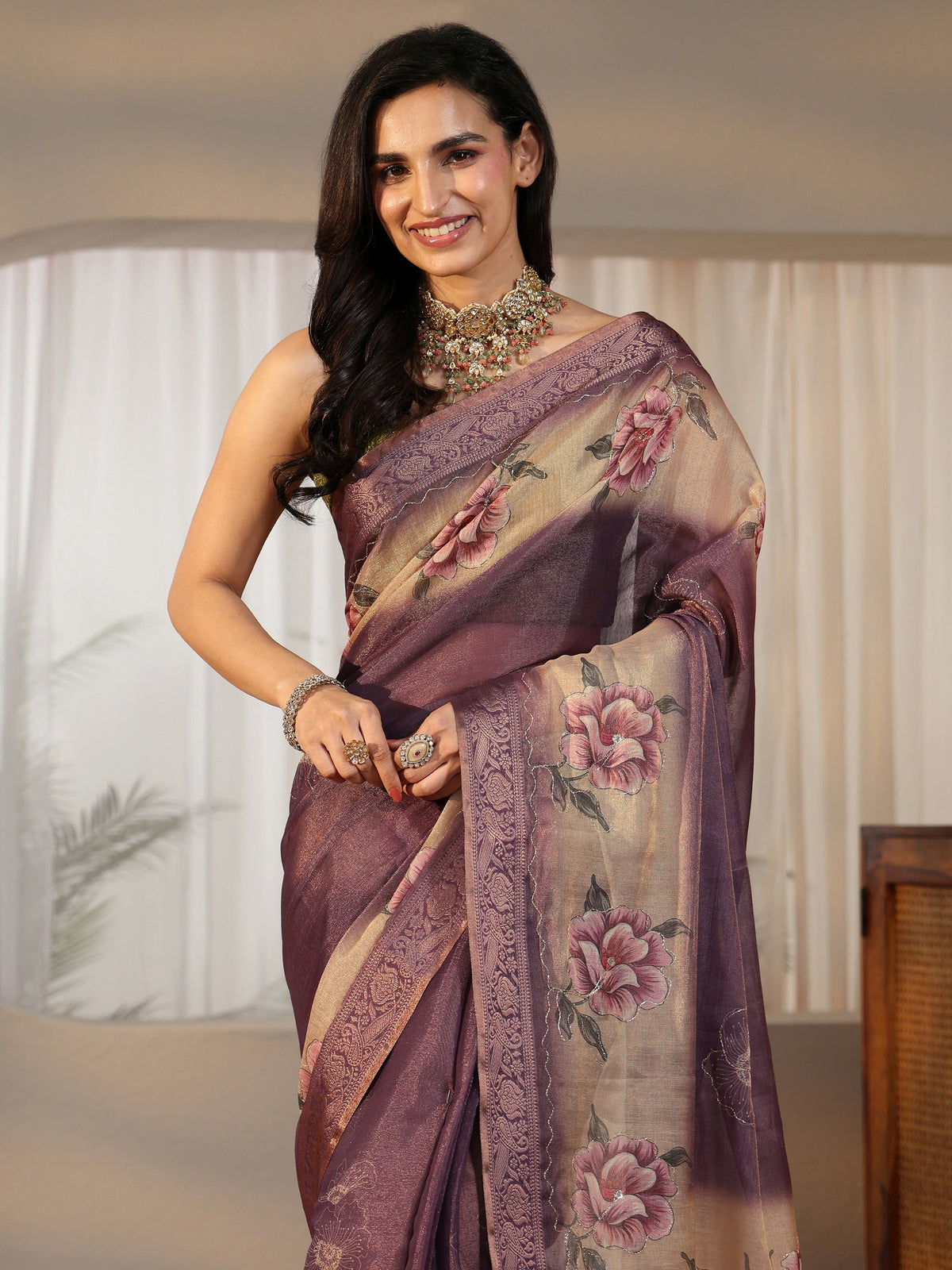Anouk Purple Floral Printed Silk Blend Ombre Saree with Woven Border