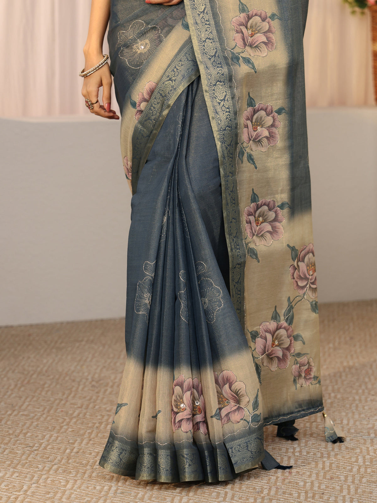 Anouk Dusty Blue Floral Printed Silk Blend Ombre Saree with Woven Border