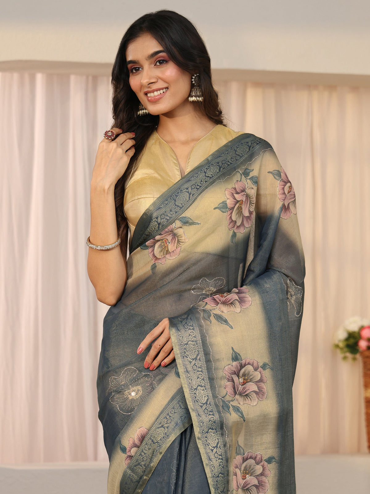Anouk Dusty Blue Floral Printed Silk Blend Ombre Saree with Woven Border