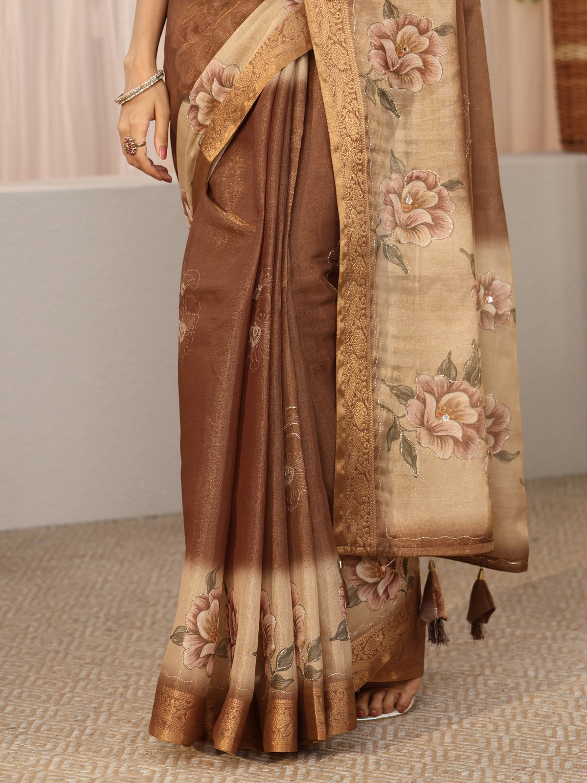 Anouk Brown Floral Printed Silk Blend Ombre Saree with Woven Border