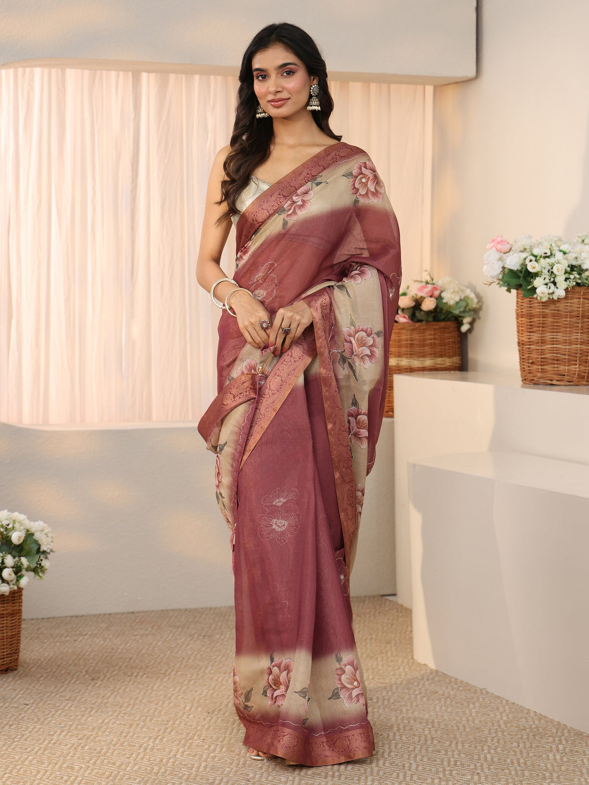 Anouk Mauve Floral Printed Silk Blend Ombre Saree with Woven Border
