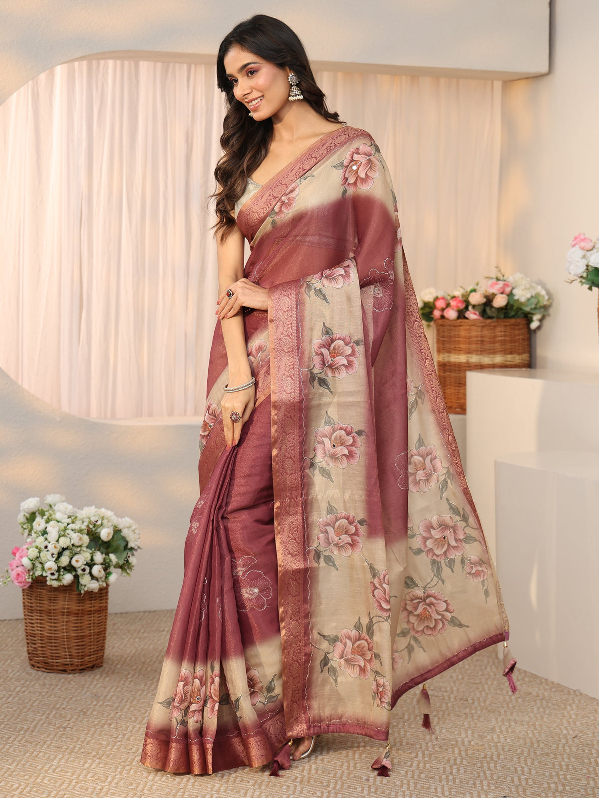 Anouk Mauve Floral Printed Silk Blend Ombre Saree with Woven Border