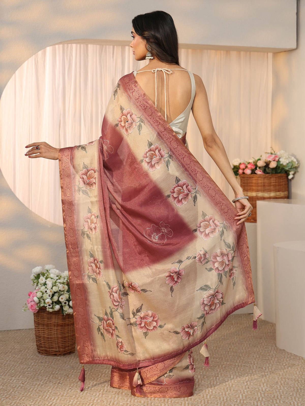 Anouk Mauve Floral Printed Silk Blend Ombre Saree with Woven Border