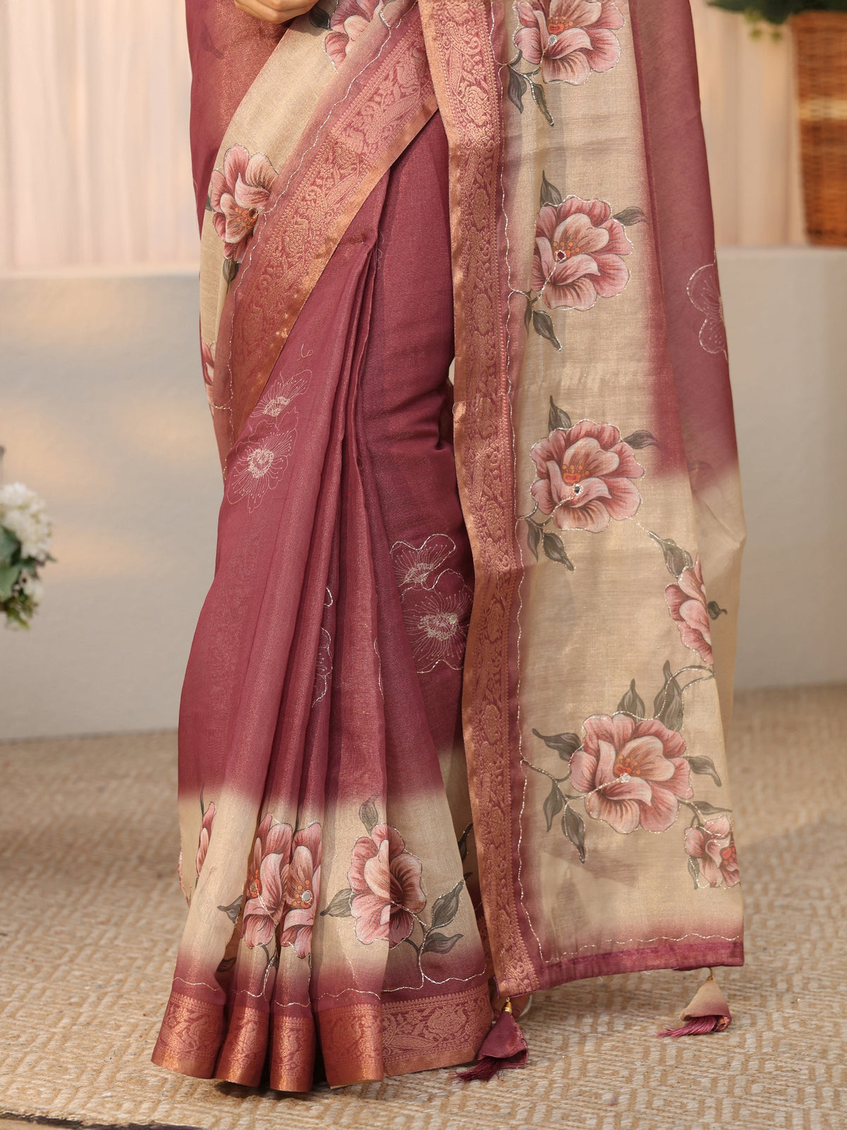 Anouk Mauve Floral Printed Silk Blend Ombre Saree with Woven Border