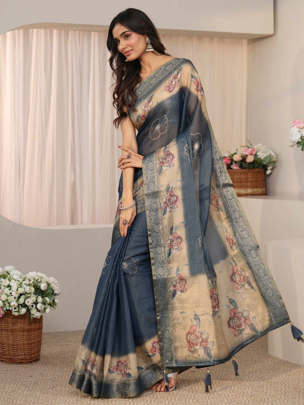 Anouk Dusty Blue Floral Printed Silk Blend Ombre Saree with Woven Border