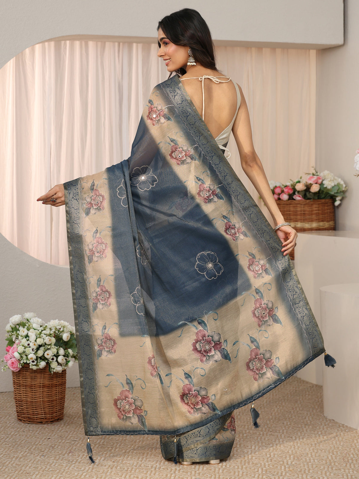 Anouk Dusty Blue Floral Printed Silk Blend Ombre Saree with Woven Border