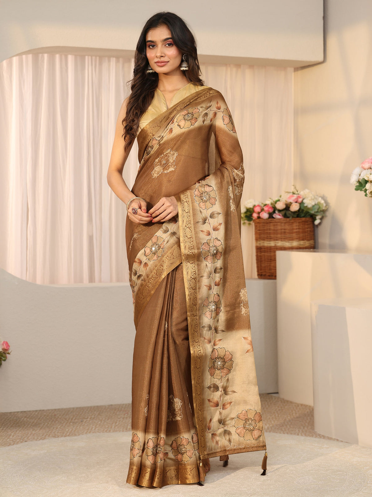 Anouk Brown Floral Printed Silk Blend Ombre Saree with Woven Border