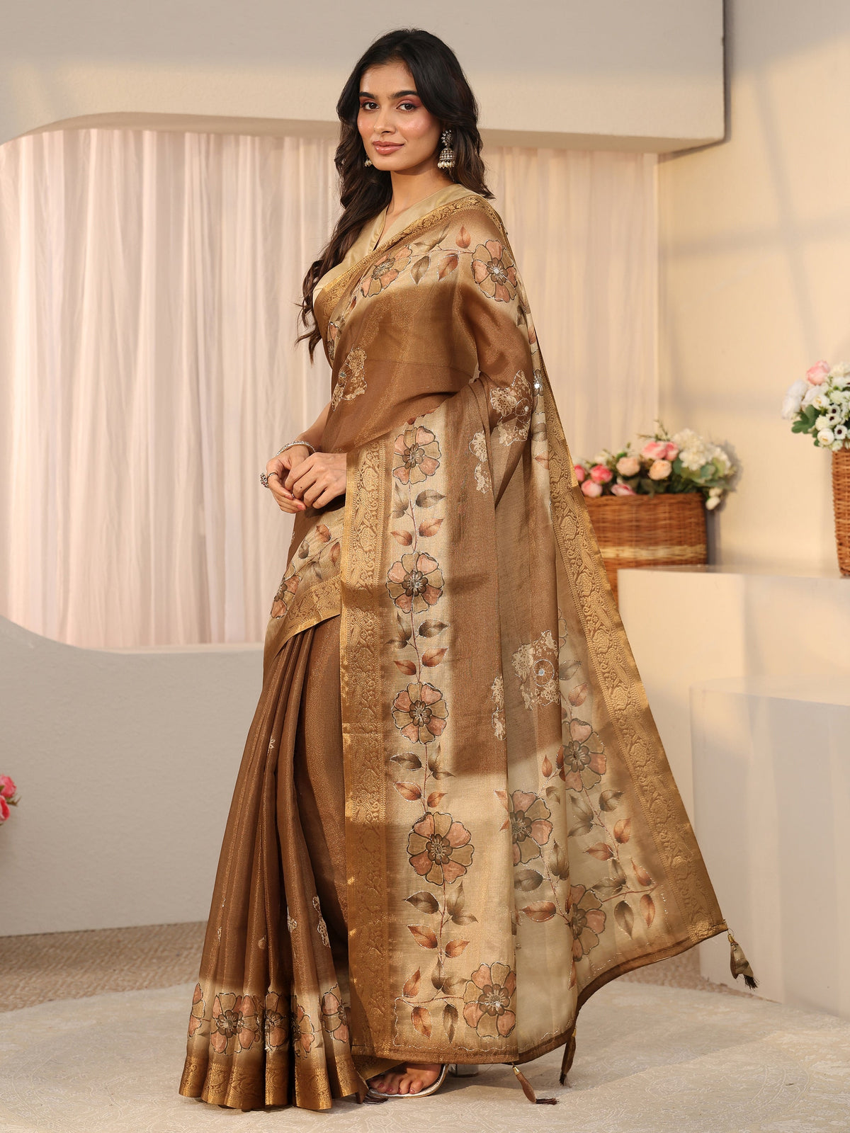 Anouk Brown Floral Printed Silk Blend Ombre Saree with Woven Border