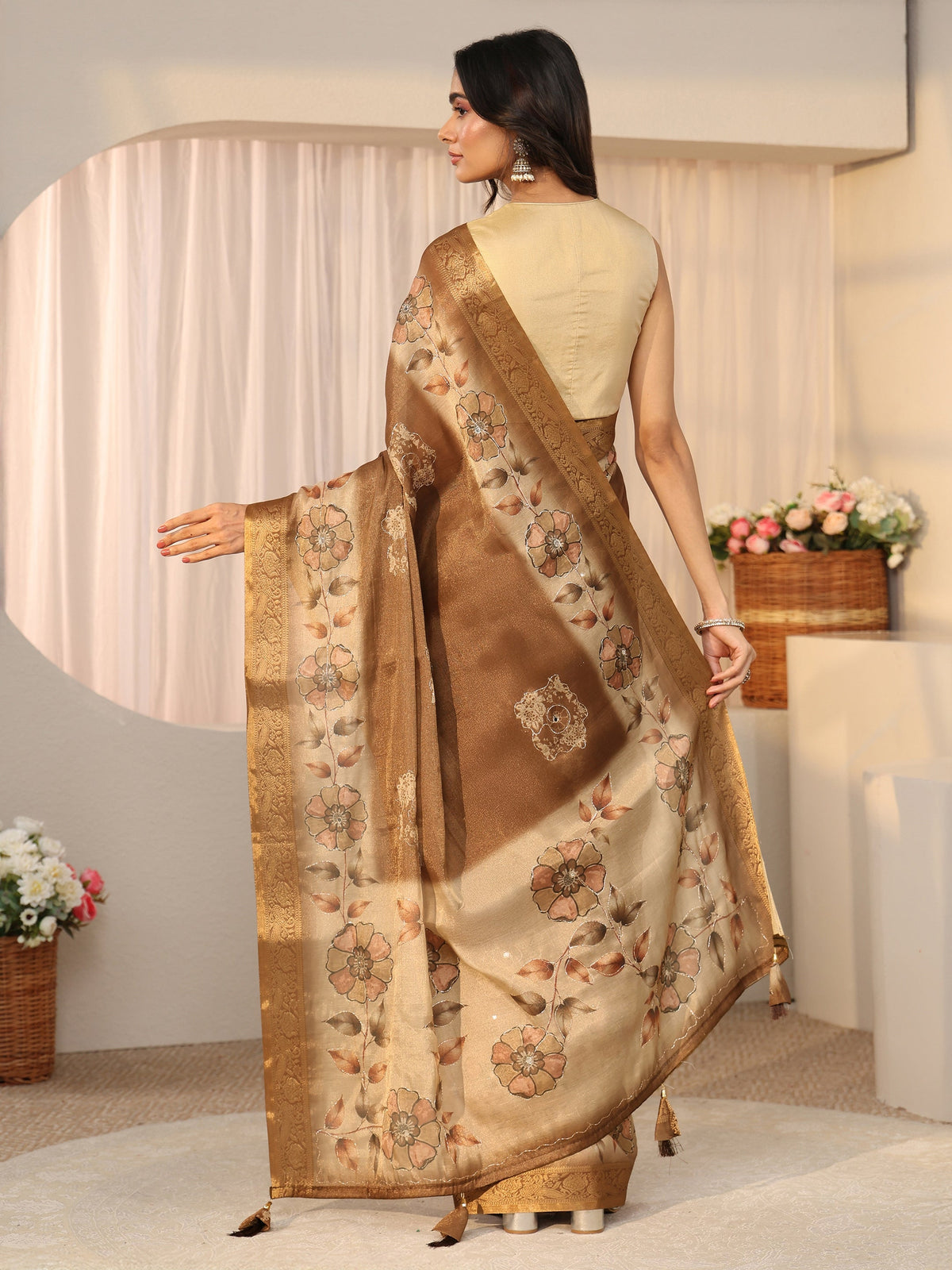 Anouk Brown Floral Printed Silk Blend Ombre Saree with Woven Border