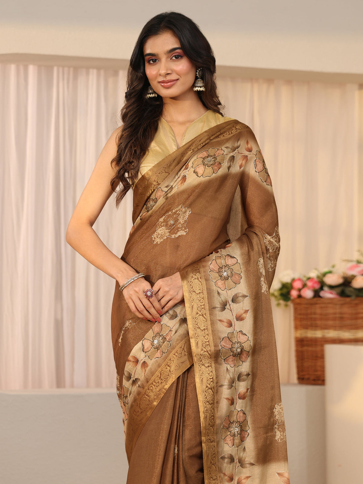 Anouk Brown Floral Printed Silk Blend Ombre Saree with Woven Border