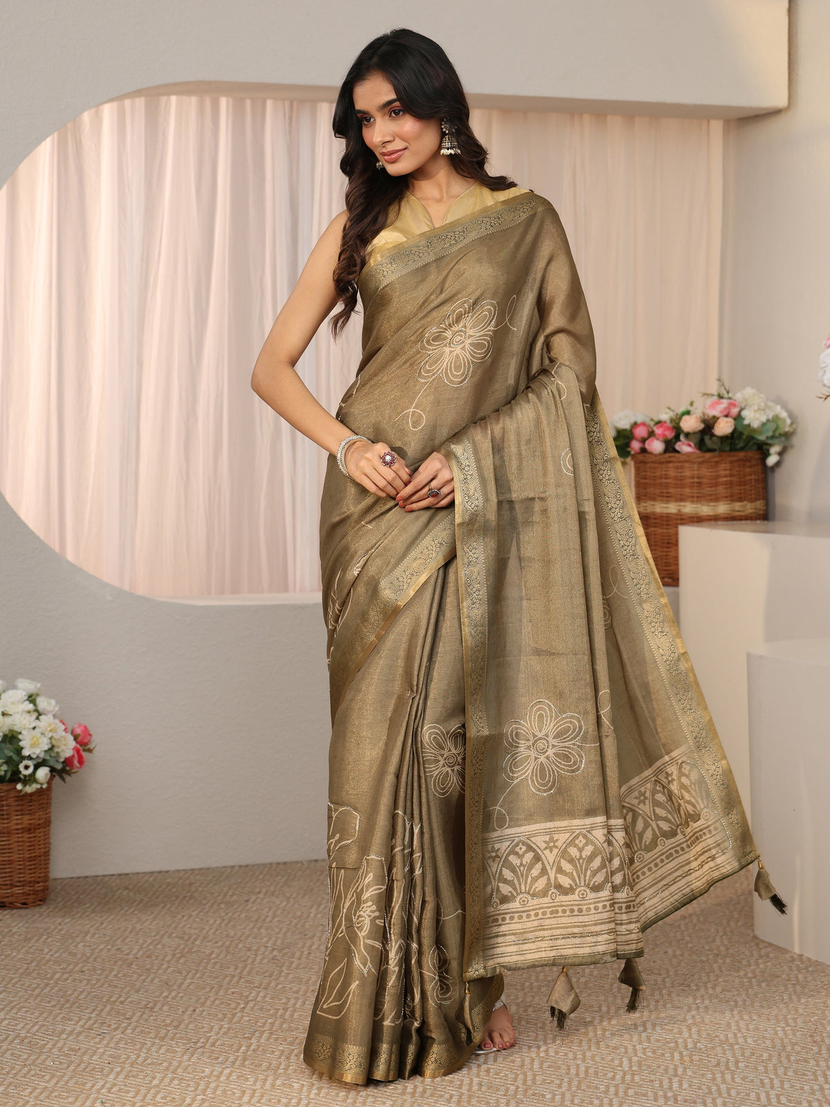 Anouk Dusty Sage Green Floral Printed Silk Blend Saree with Woven Border