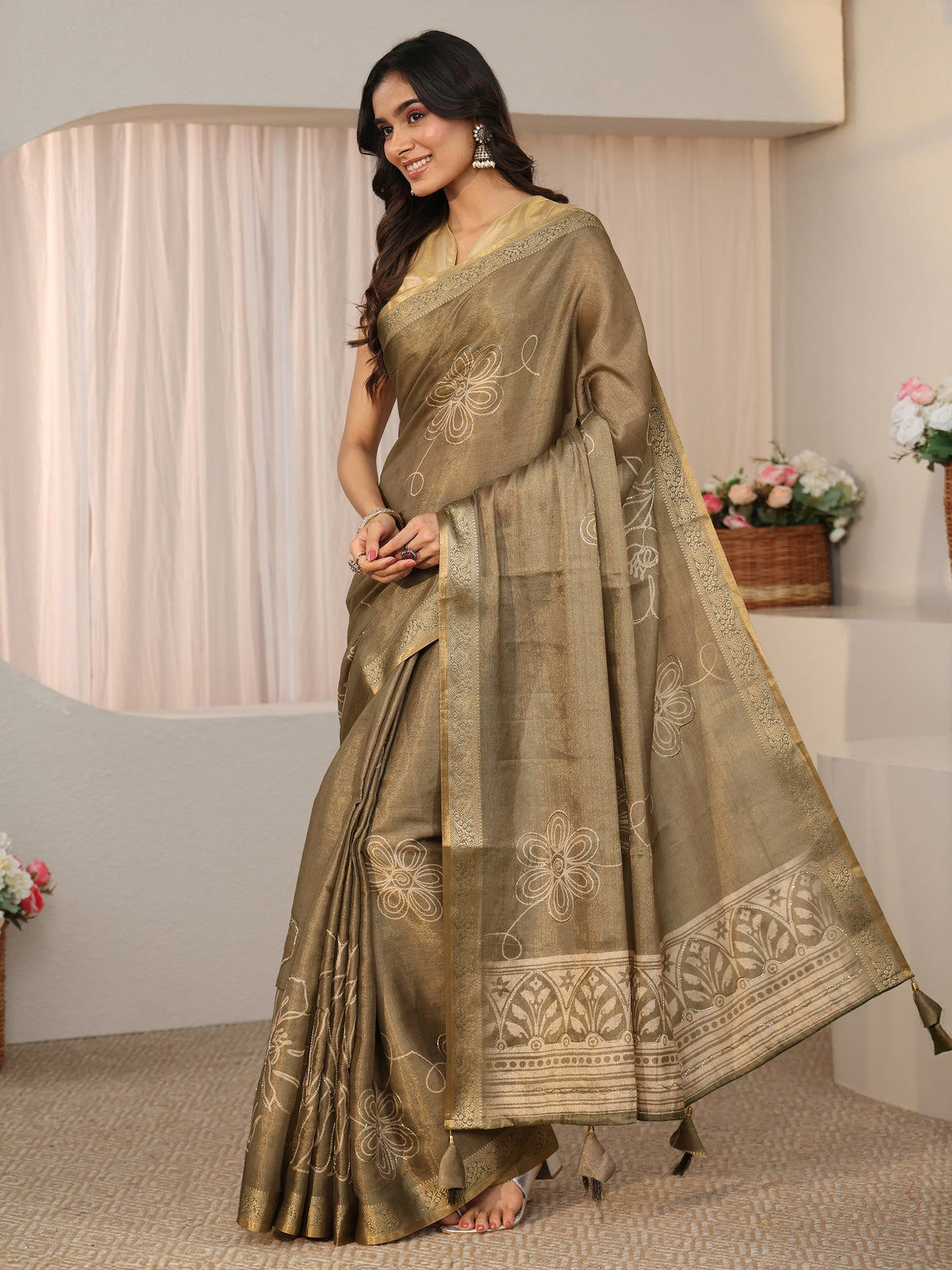 Anouk Dusty Sage Green Floral Printed Silk Blend Saree with Woven Border