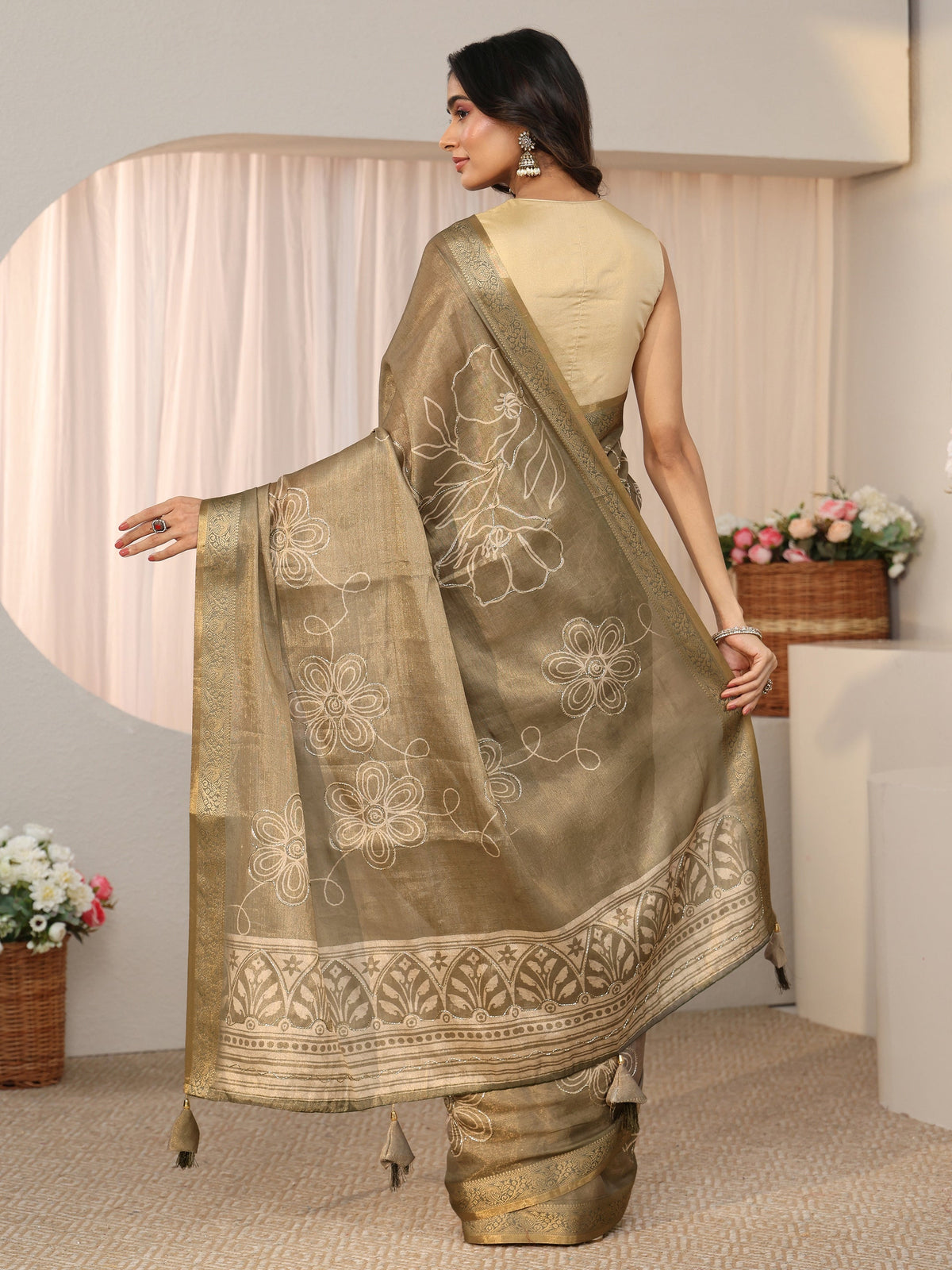 Anouk Dusty Sage Green Floral Printed Silk Blend Saree with Woven Border