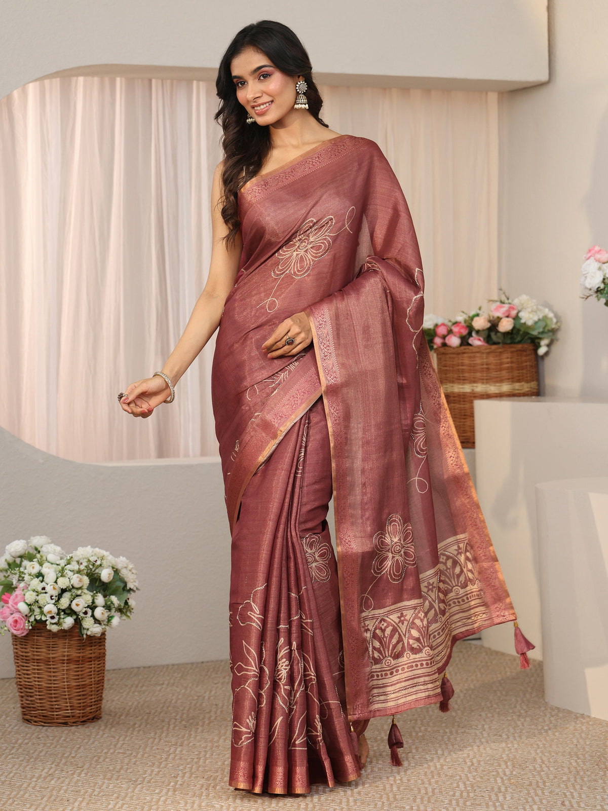Anouk Mauve Floral Printed Silk Blend Saree with Woven Border