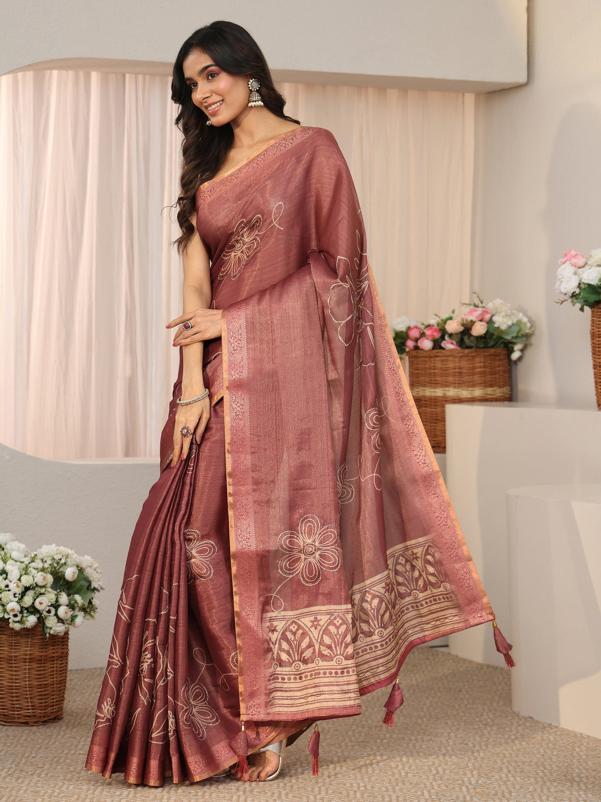 Anouk Mauve Floral Printed Silk Blend Saree with Woven Border