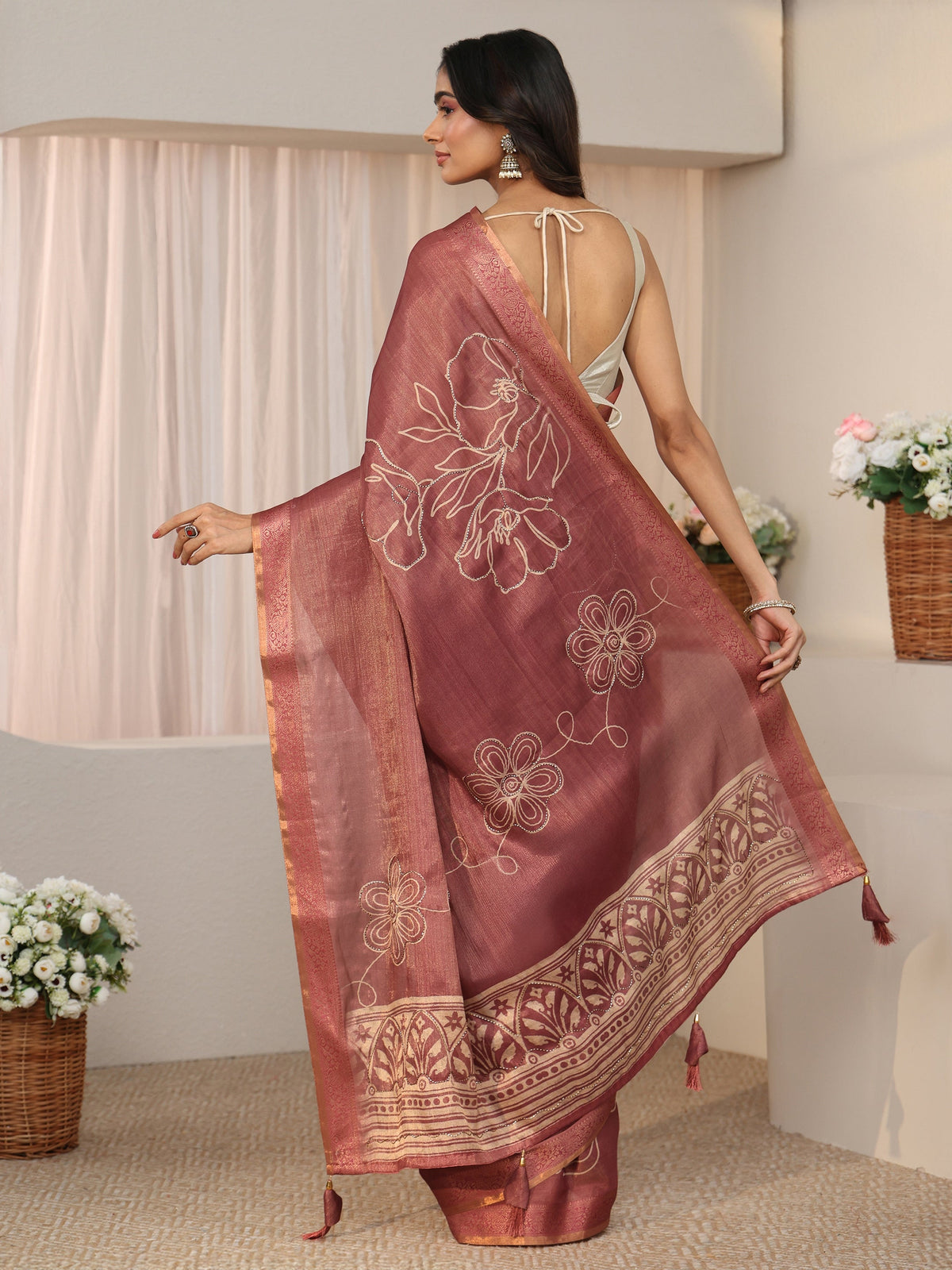 Anouk Mauve Floral Printed Silk Blend Saree with Woven Border