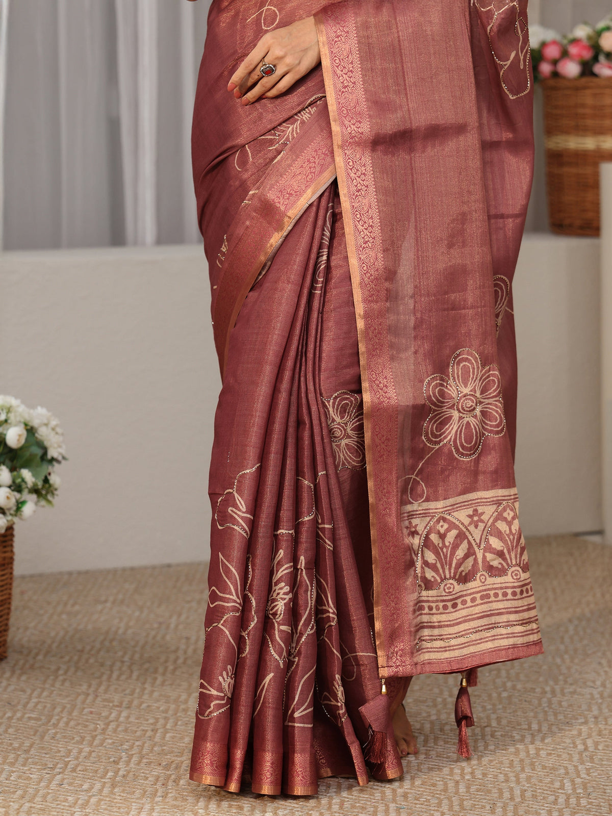 Anouk Mauve Floral Printed Silk Blend Saree with Woven Border