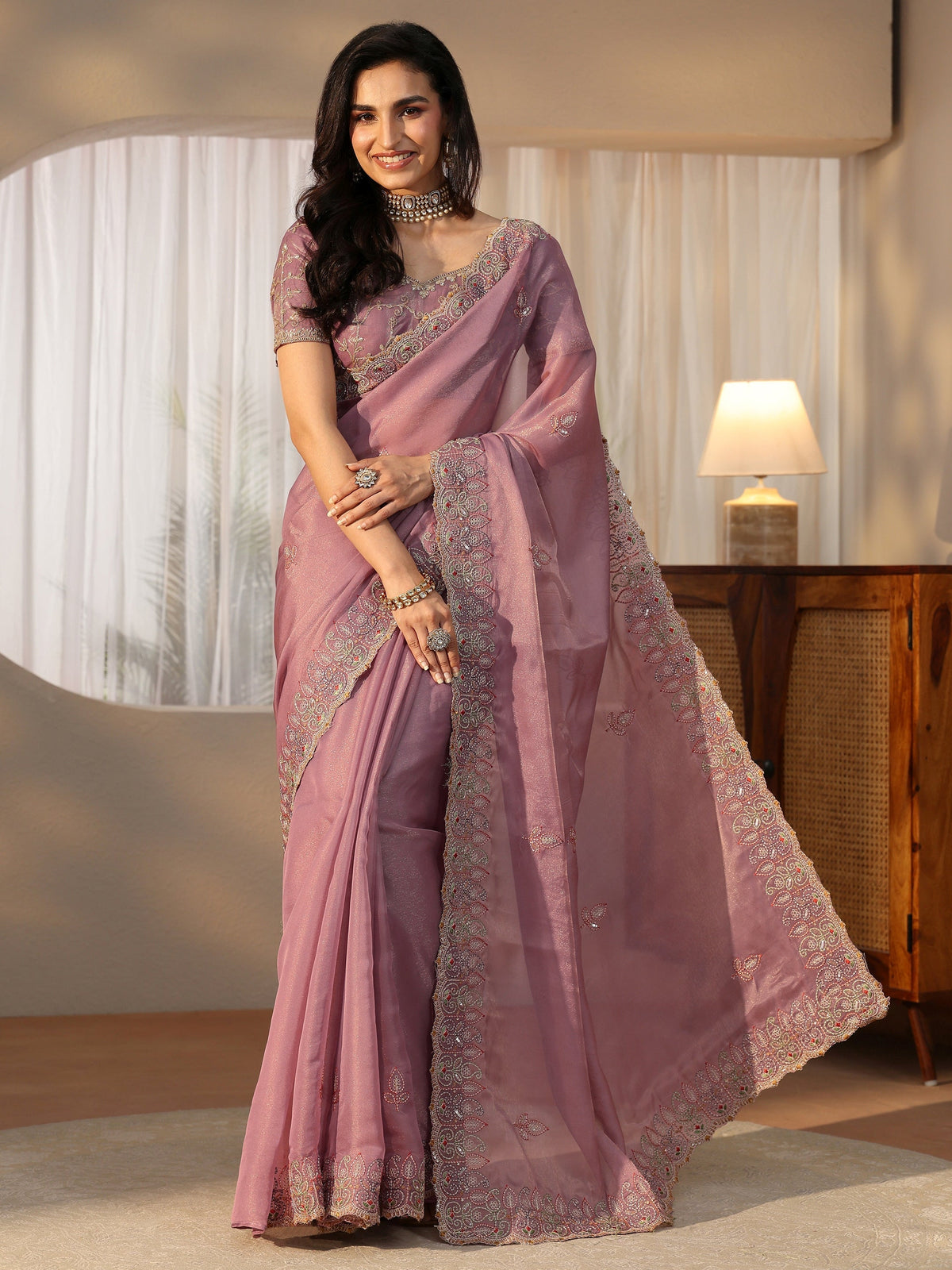 Anouk Mauve Leafy Embroidered Tissue Saree