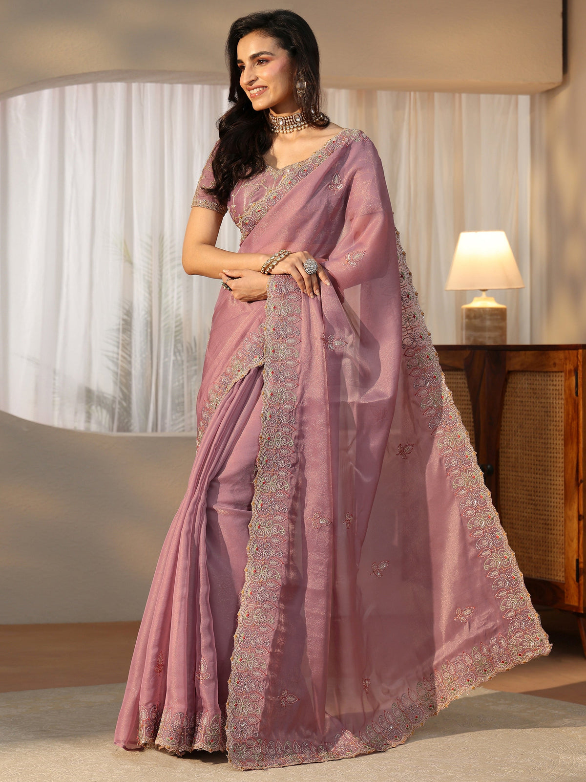 Anouk Mauve Leafy Embroidered Tissue Saree
