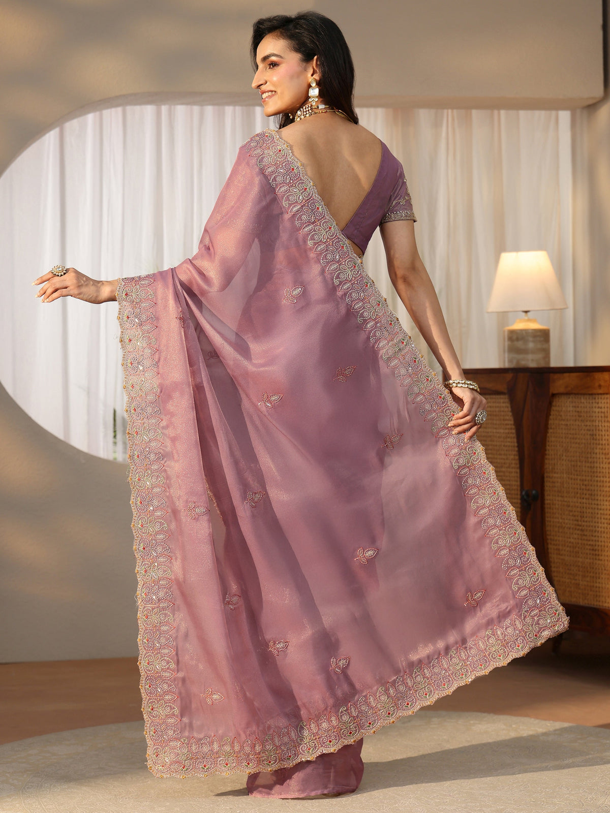 Anouk Mauve Leafy Embroidered Tissue Saree