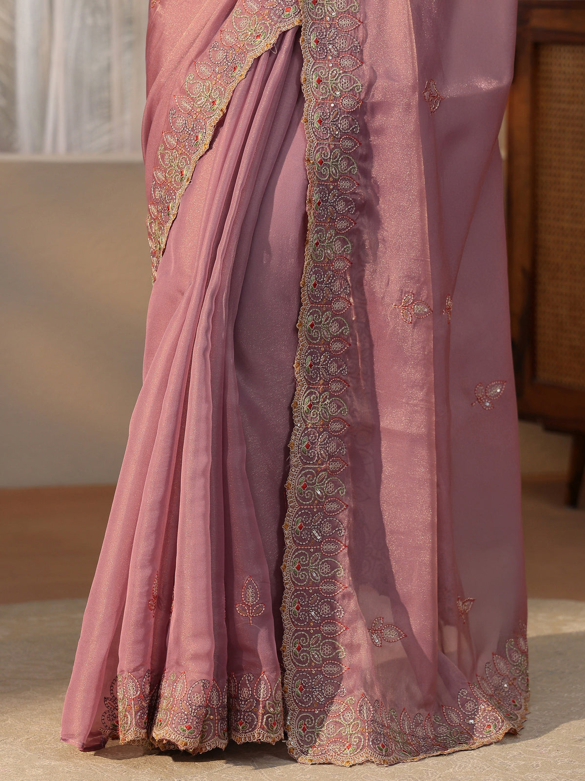 Anouk Mauve Leafy Embroidered Tissue Saree