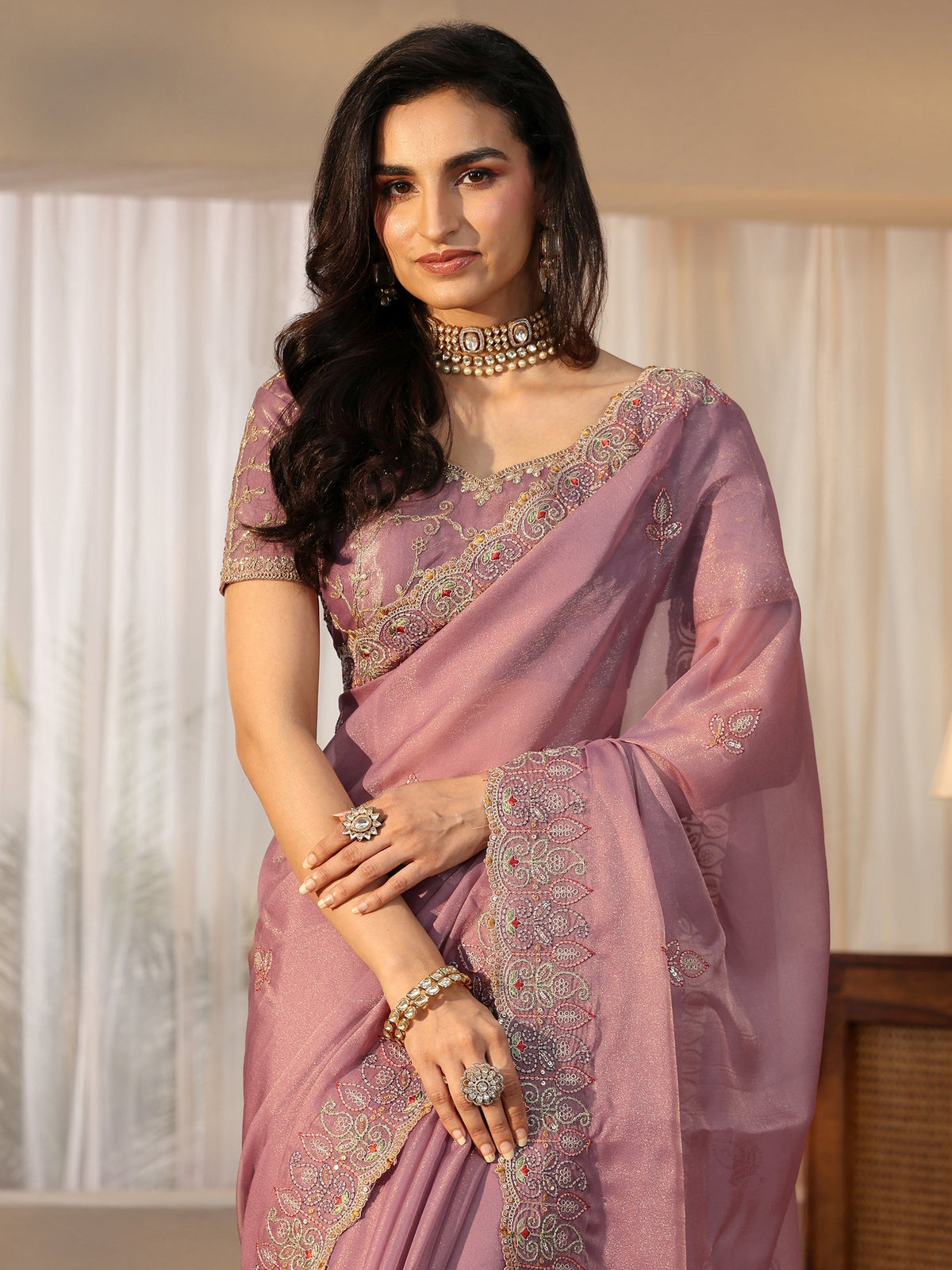 Anouk Mauve Leafy Embroidered Tissue Saree