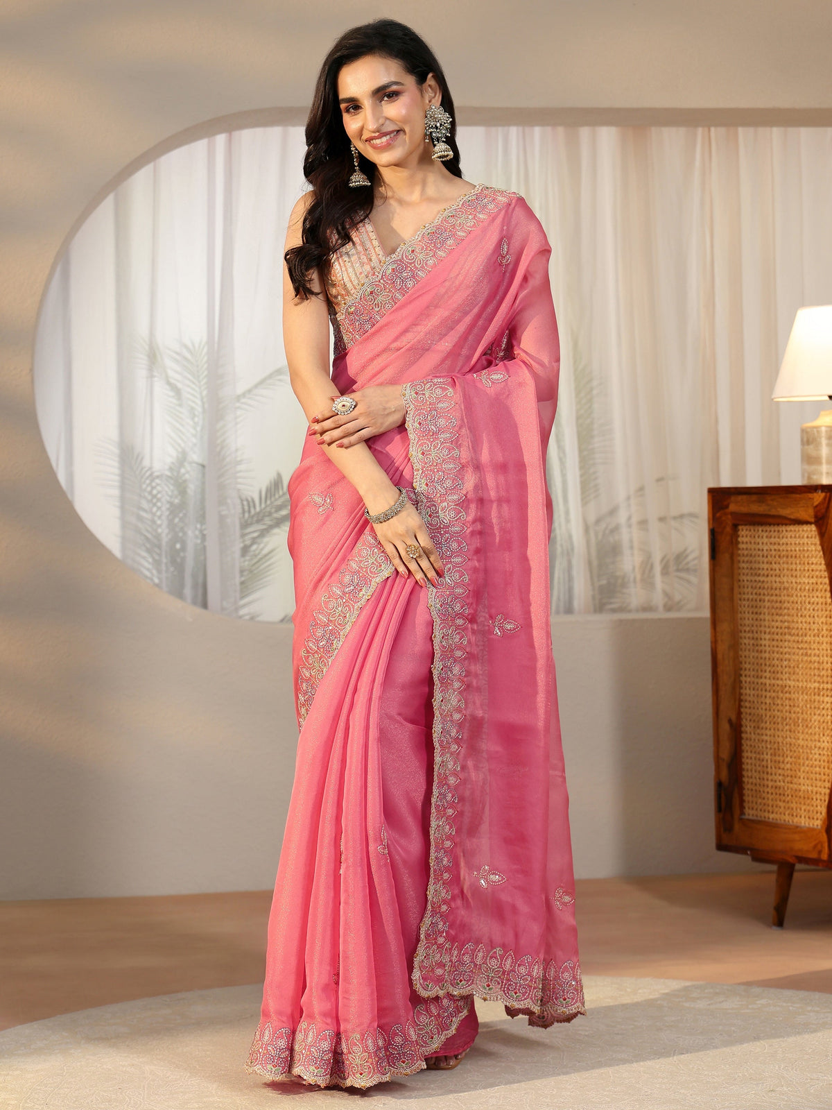 Anouk Bubblegum Pink  Leafy Embroidered Tissue Saree