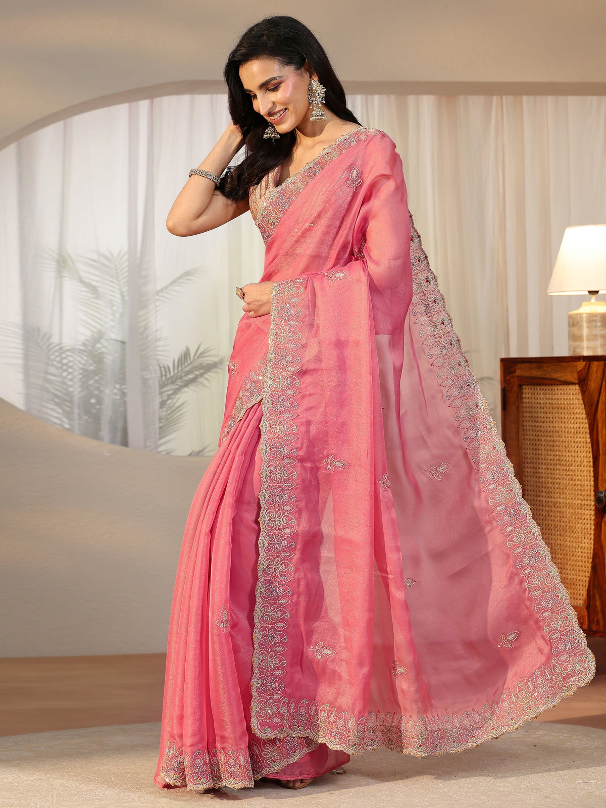 Anouk Bubblegum Pink  Leafy Embroidered Tissue Saree