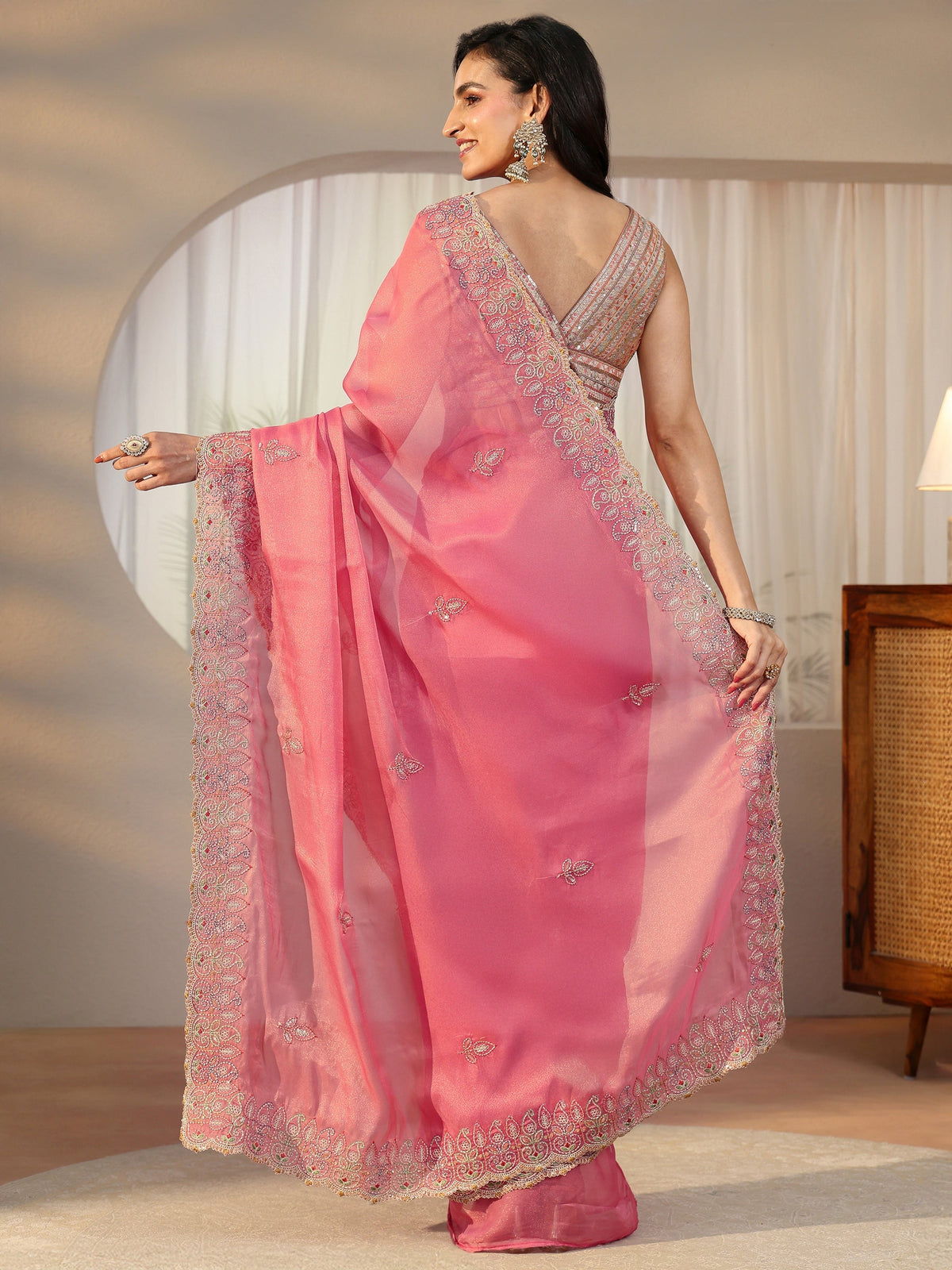 Anouk Bubblegum Pink  Leafy Embroidered Tissue Saree
