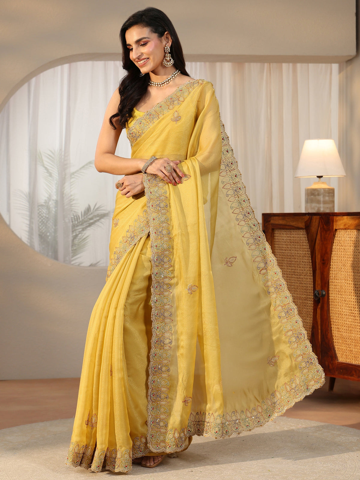 Anouk Sunshine Yellow Leafy Embroidered Tissue Saree