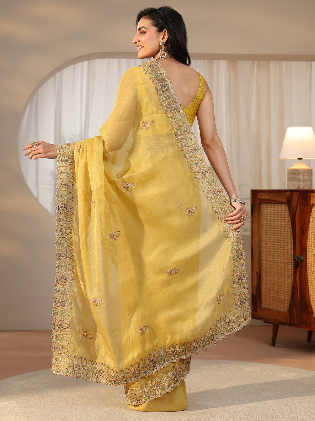 Anouk Sunshine Yellow Leafy Embroidered Tissue Saree
