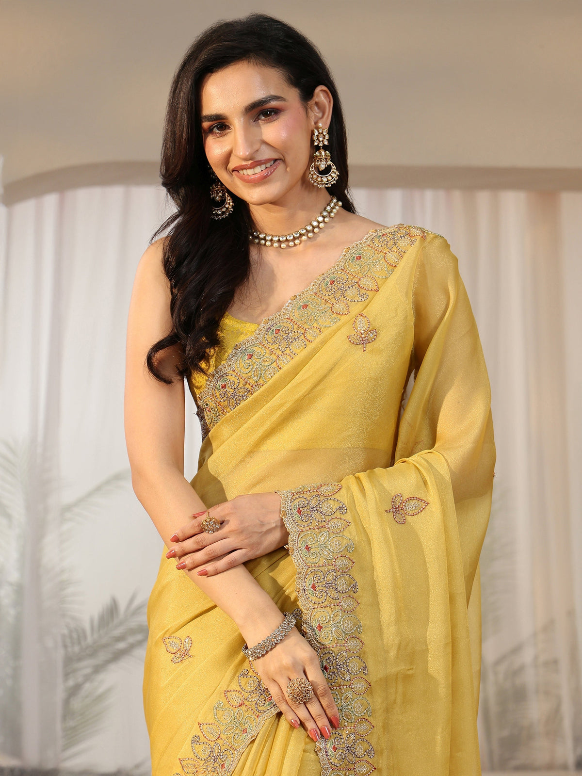 Anouk Sunshine Yellow Leafy Embroidered Tissue Saree
