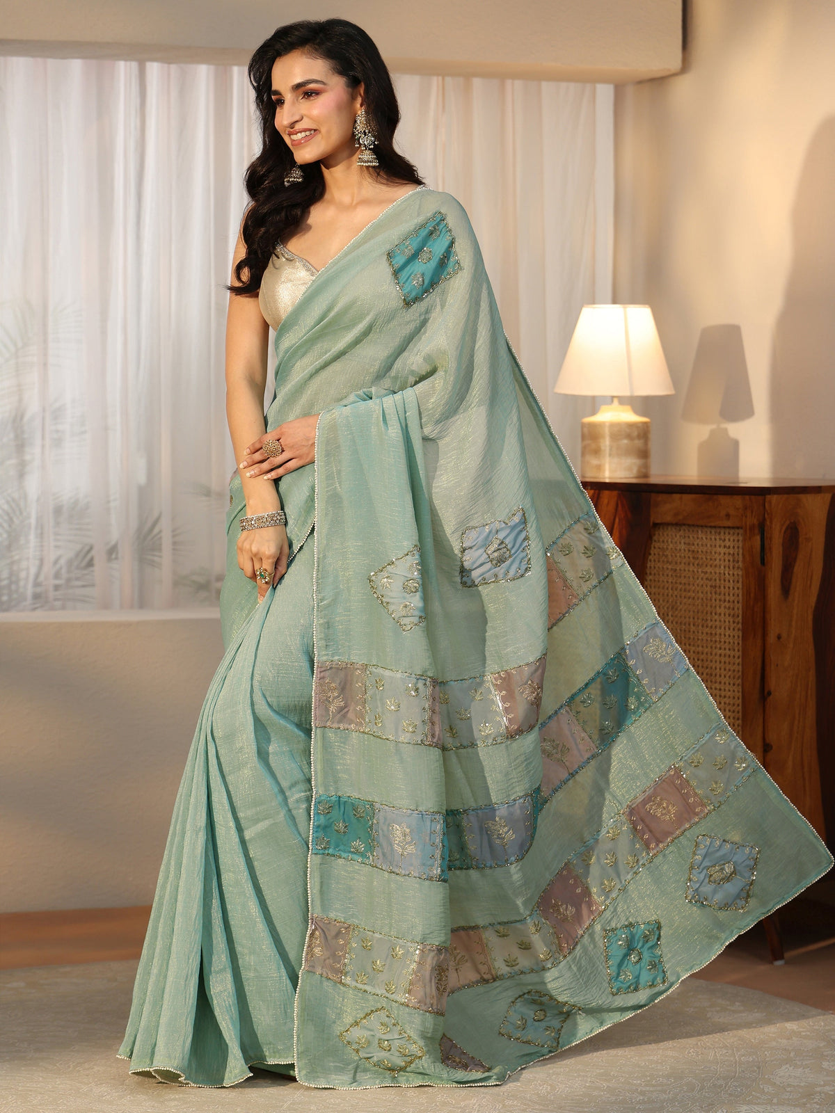 Anouk Aqua Blue Applique Design Tissue Saree