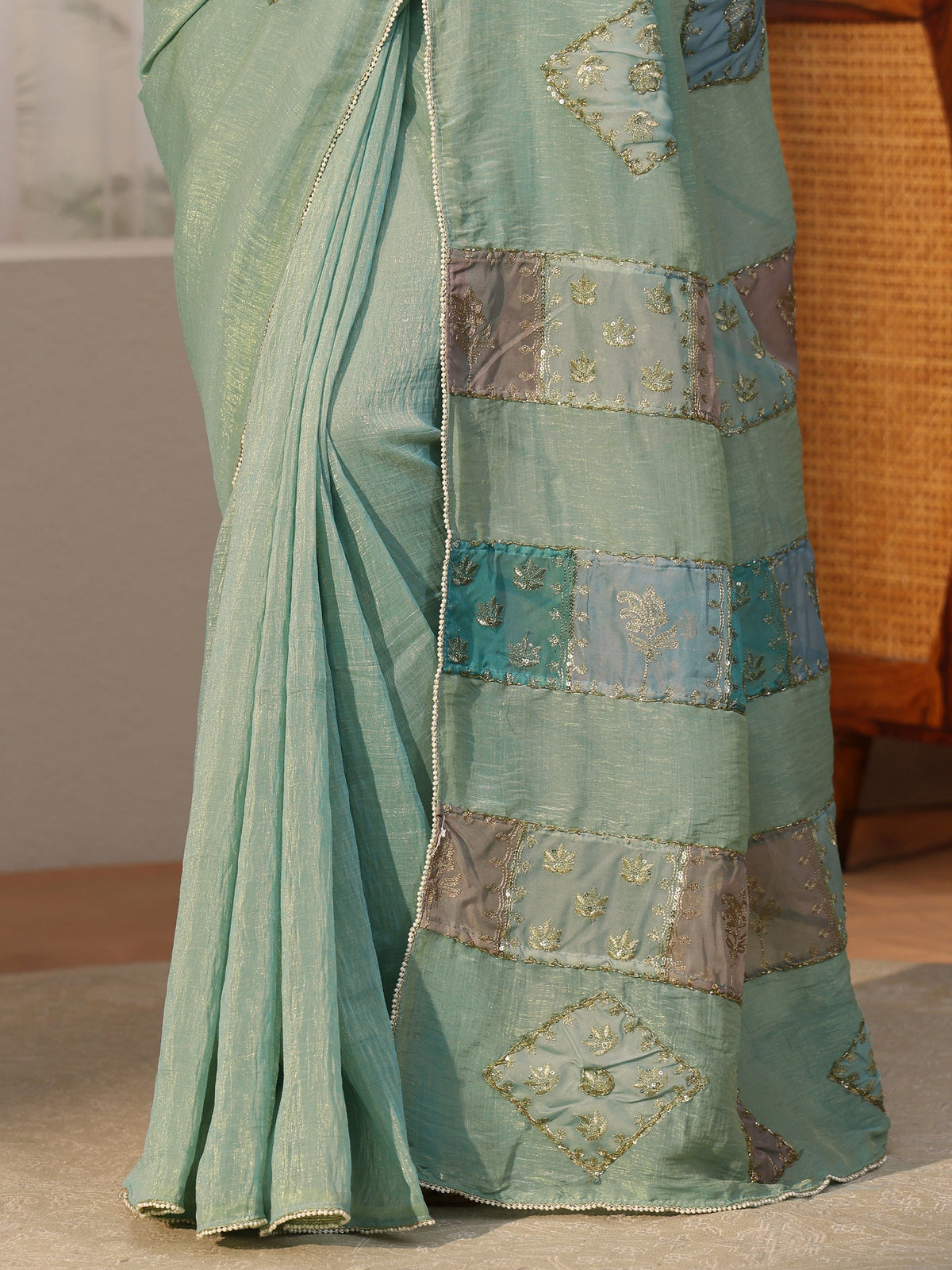 Anouk Aqua Blue Applique Design Tissue Saree