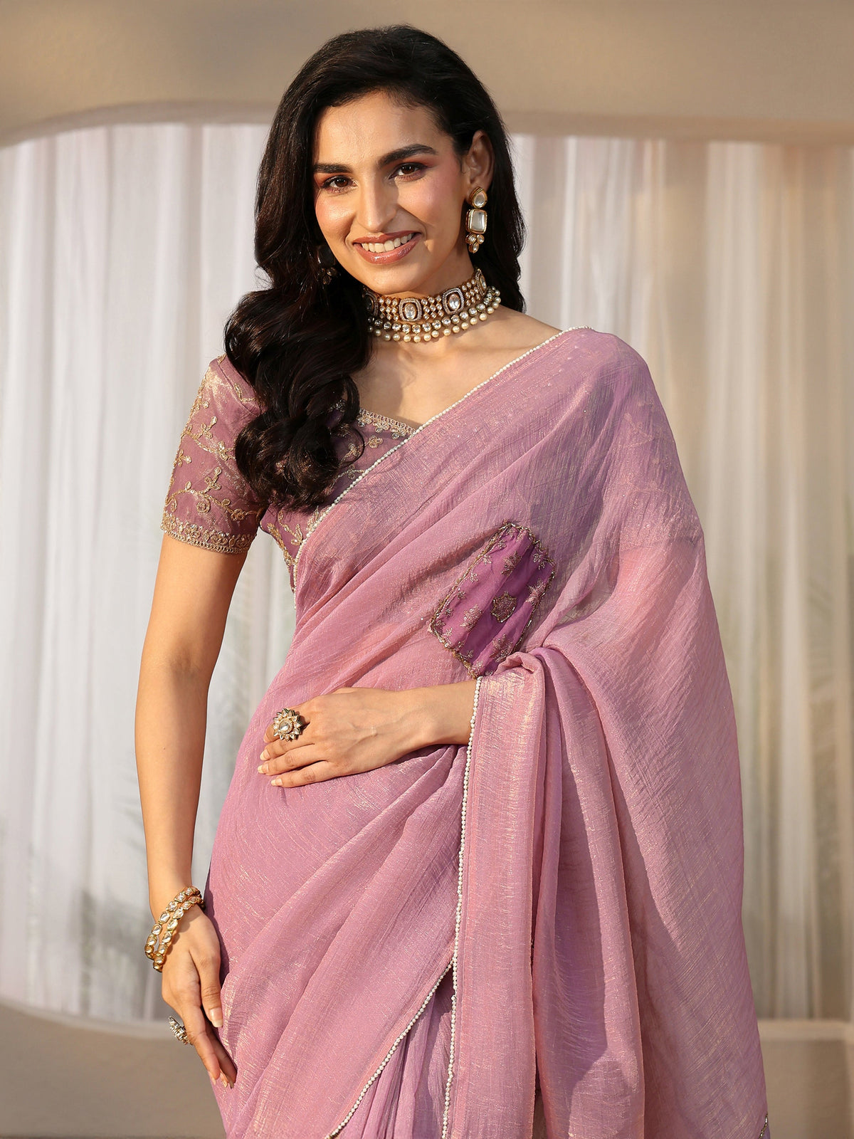 Anouk Lilac Applique Design Tissue Saree