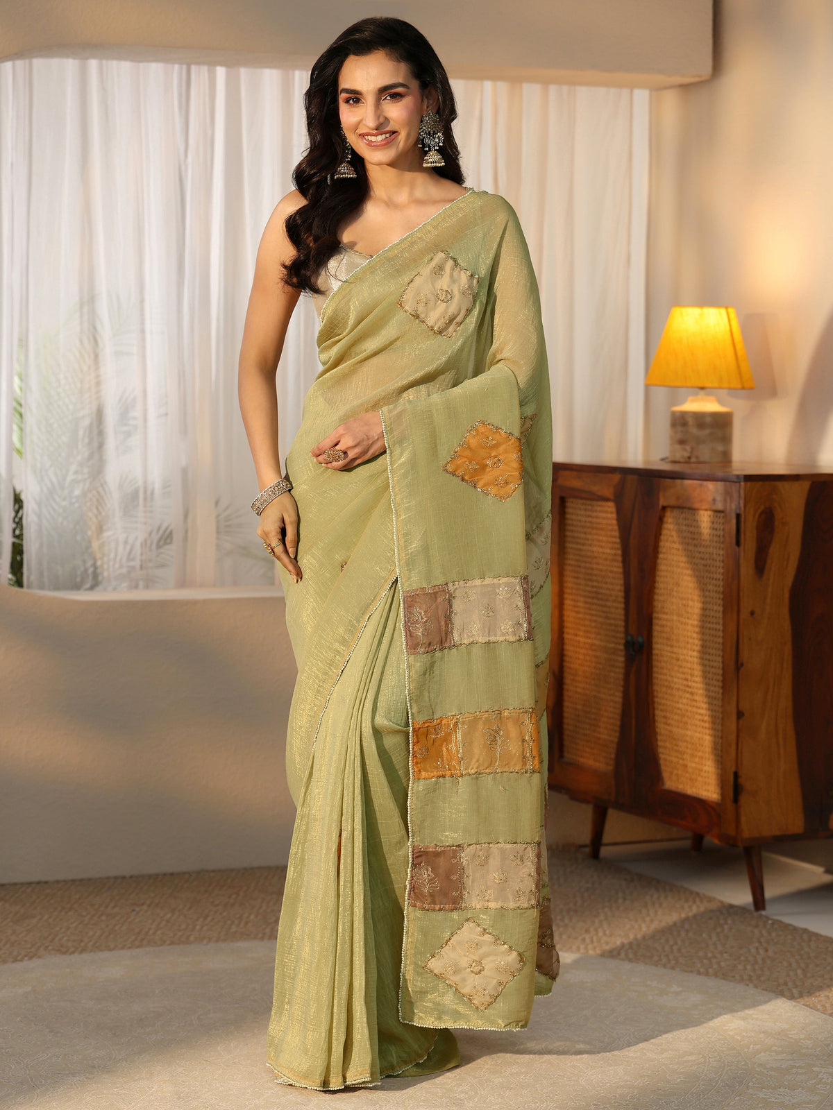 Anouk Moss Green Applique Design Tissue Saree
