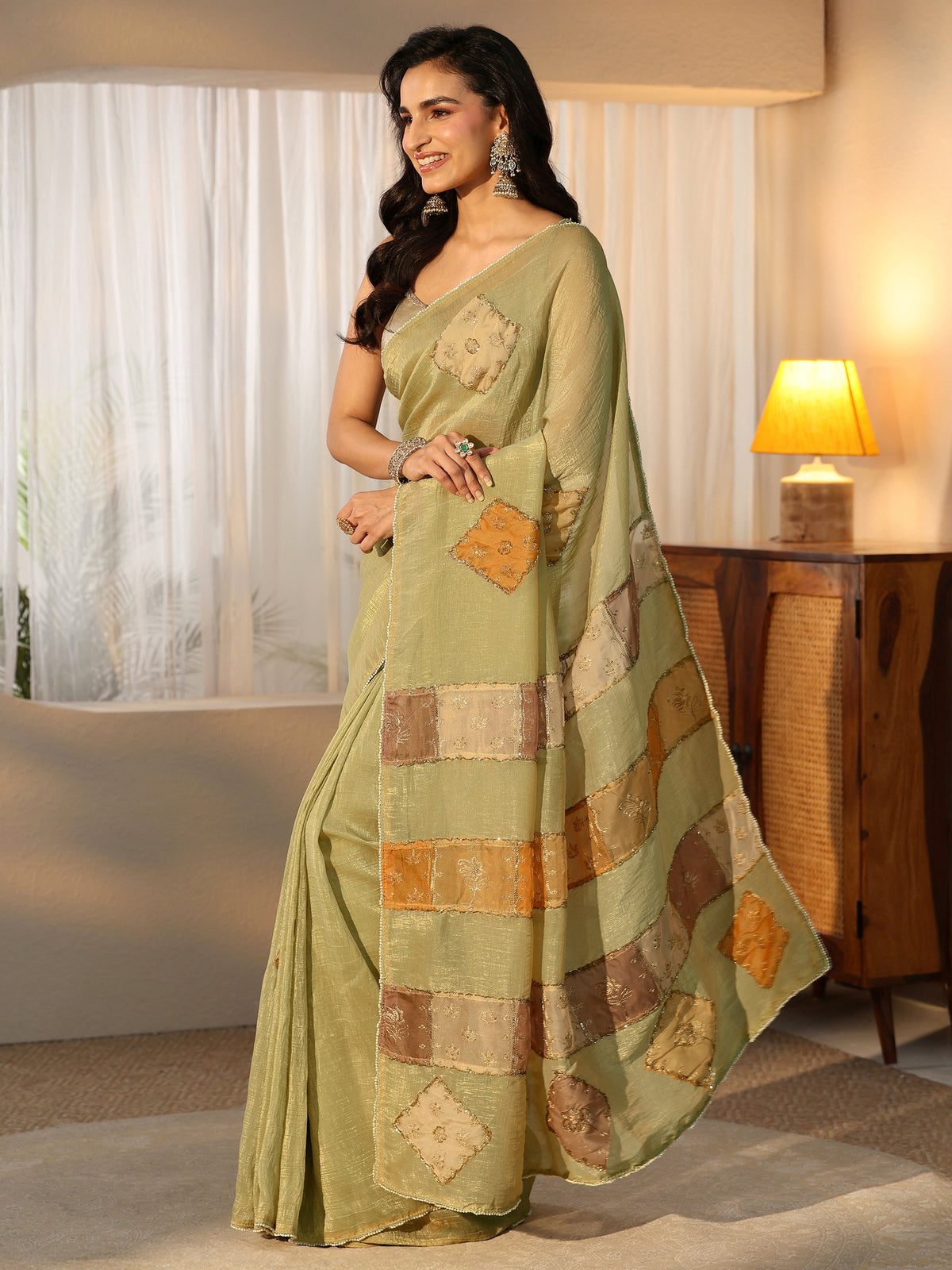 Anouk Moss Green Applique Design Tissue Saree