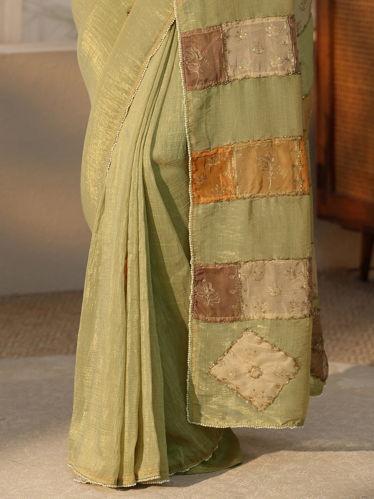 Anouk Moss Green Applique Design Tissue Saree