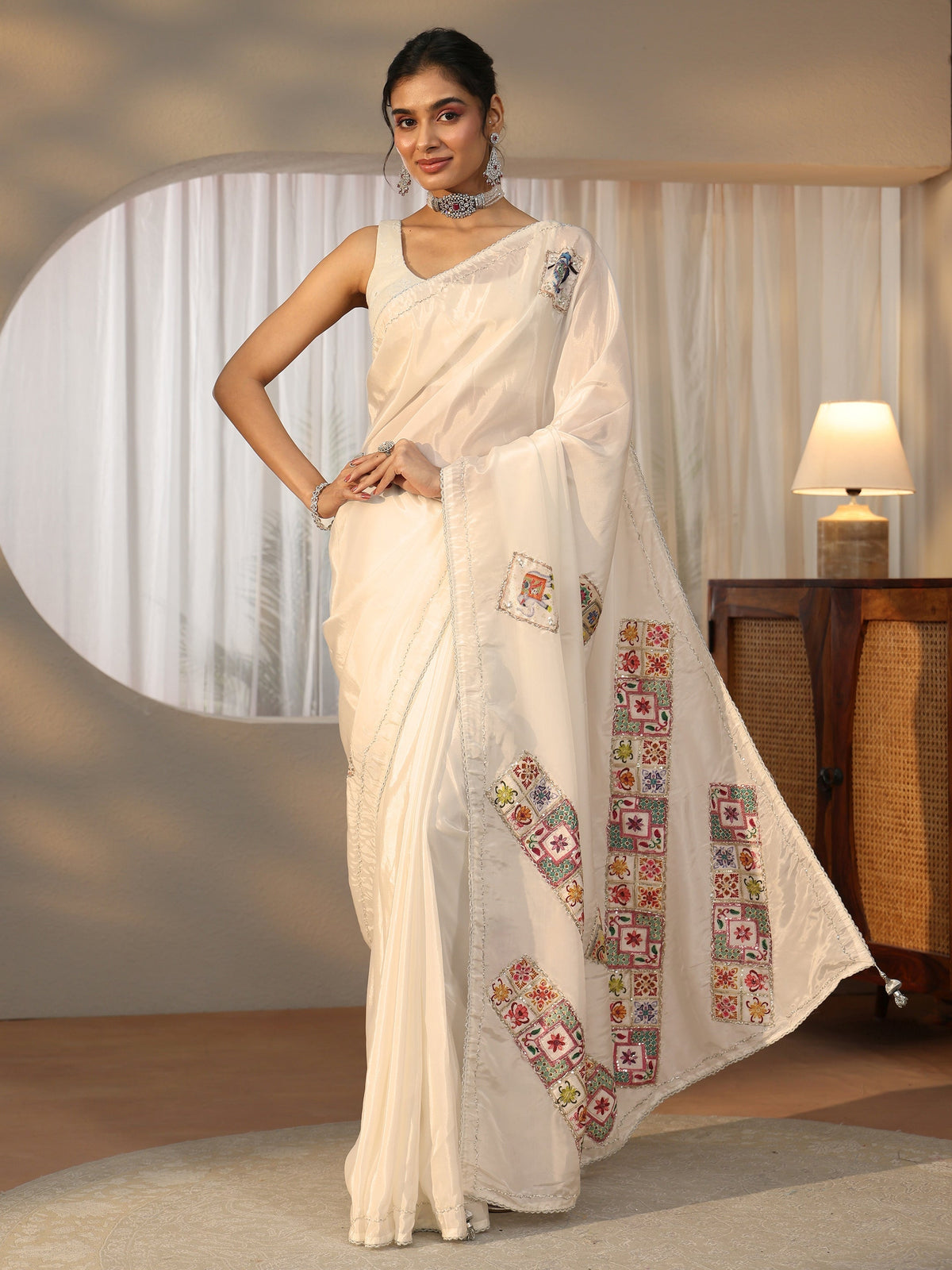 Anouk Cream Satin Saree with Applique Design